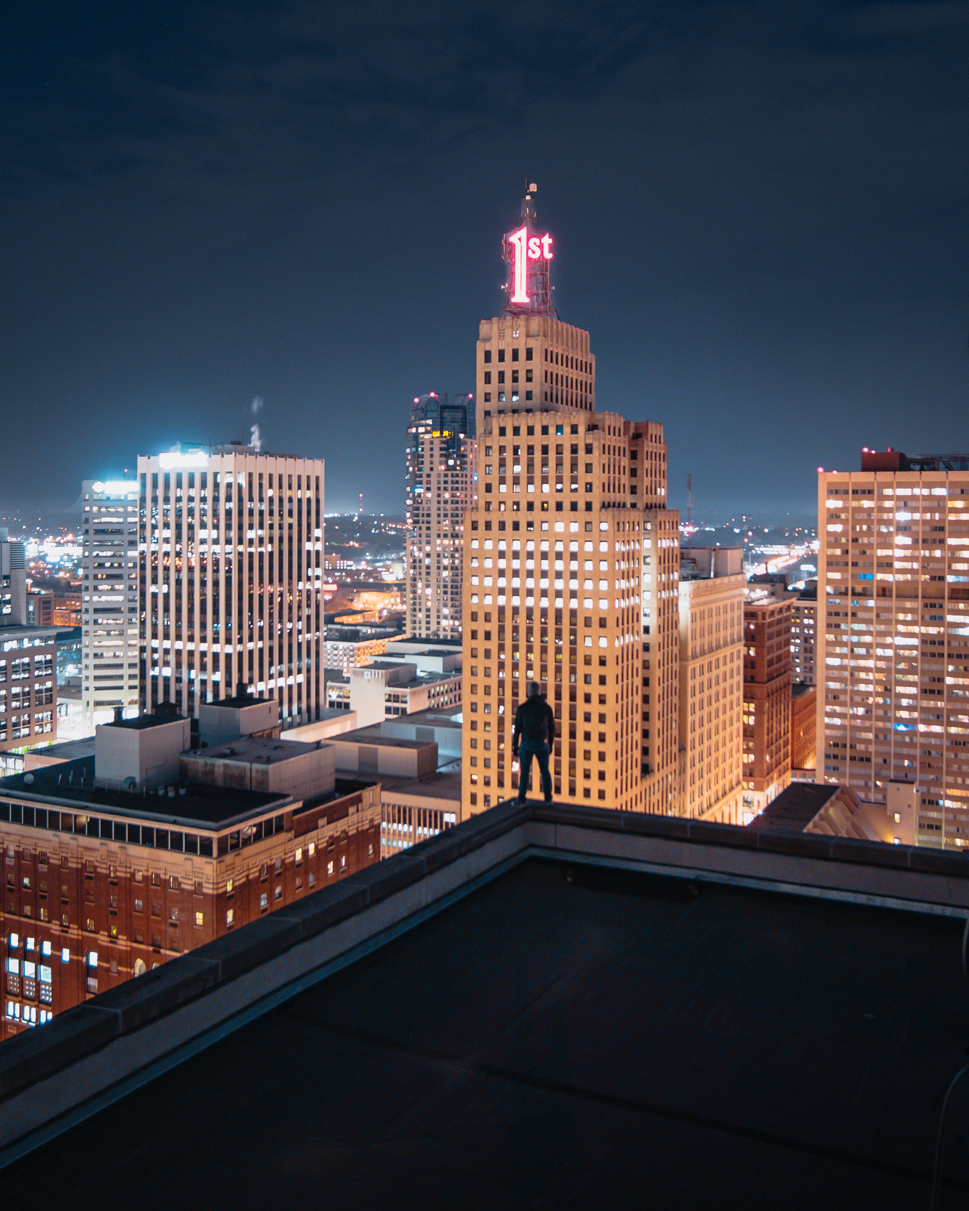 cities, building, lights, silhouette, night city, overview, review, roof