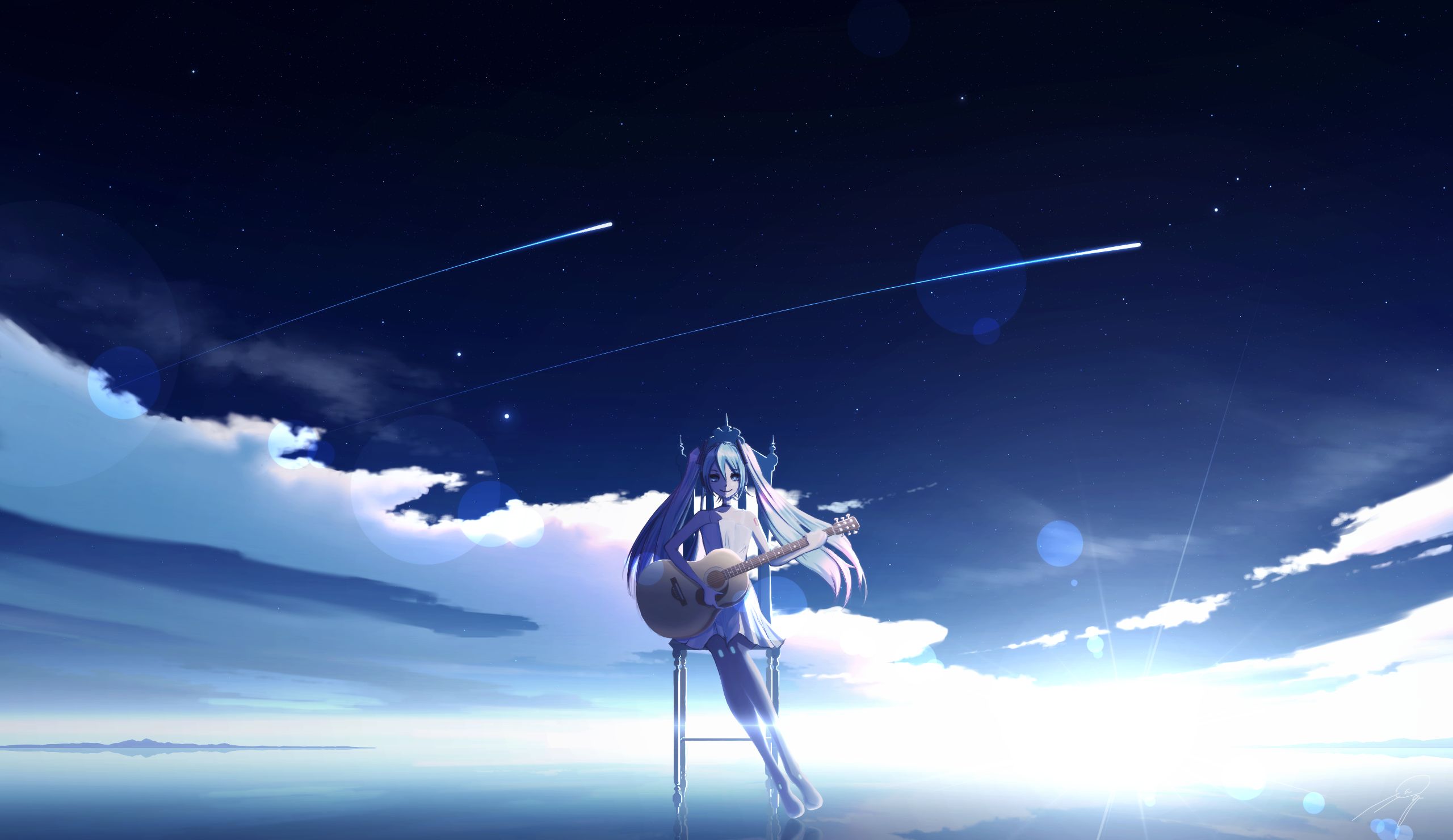 Download mobile wallpaper Music, Anime, Chair, Starry Sky, Guitar, Shooting Star for free.