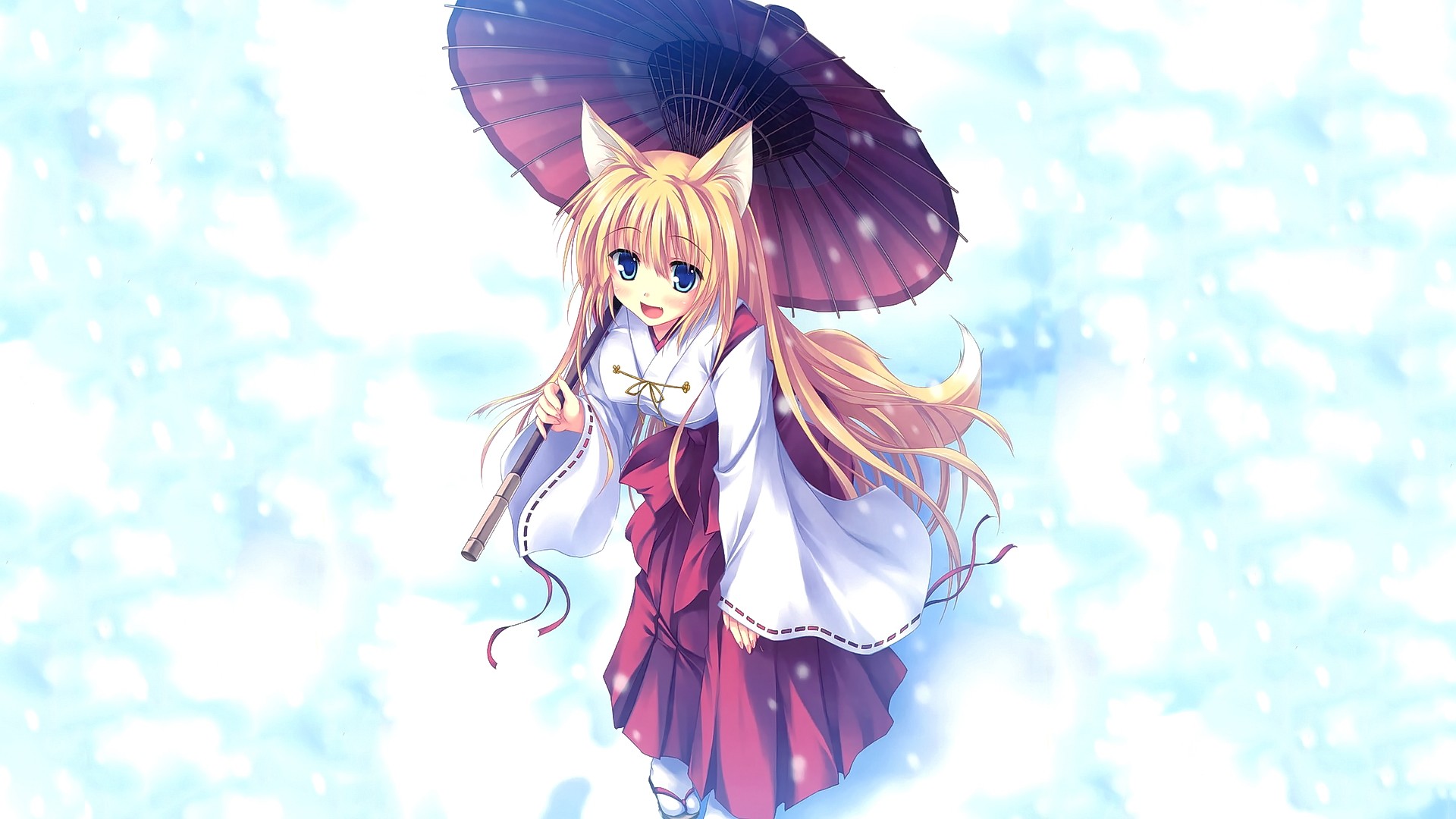 Laden Sie das Schnee, Regenschirm, Blaue Augen, Original, Blondinen, Animes, Lange Haare, Tierische Ohren-Bild kostenlos auf Ihren PC-Desktop herunter