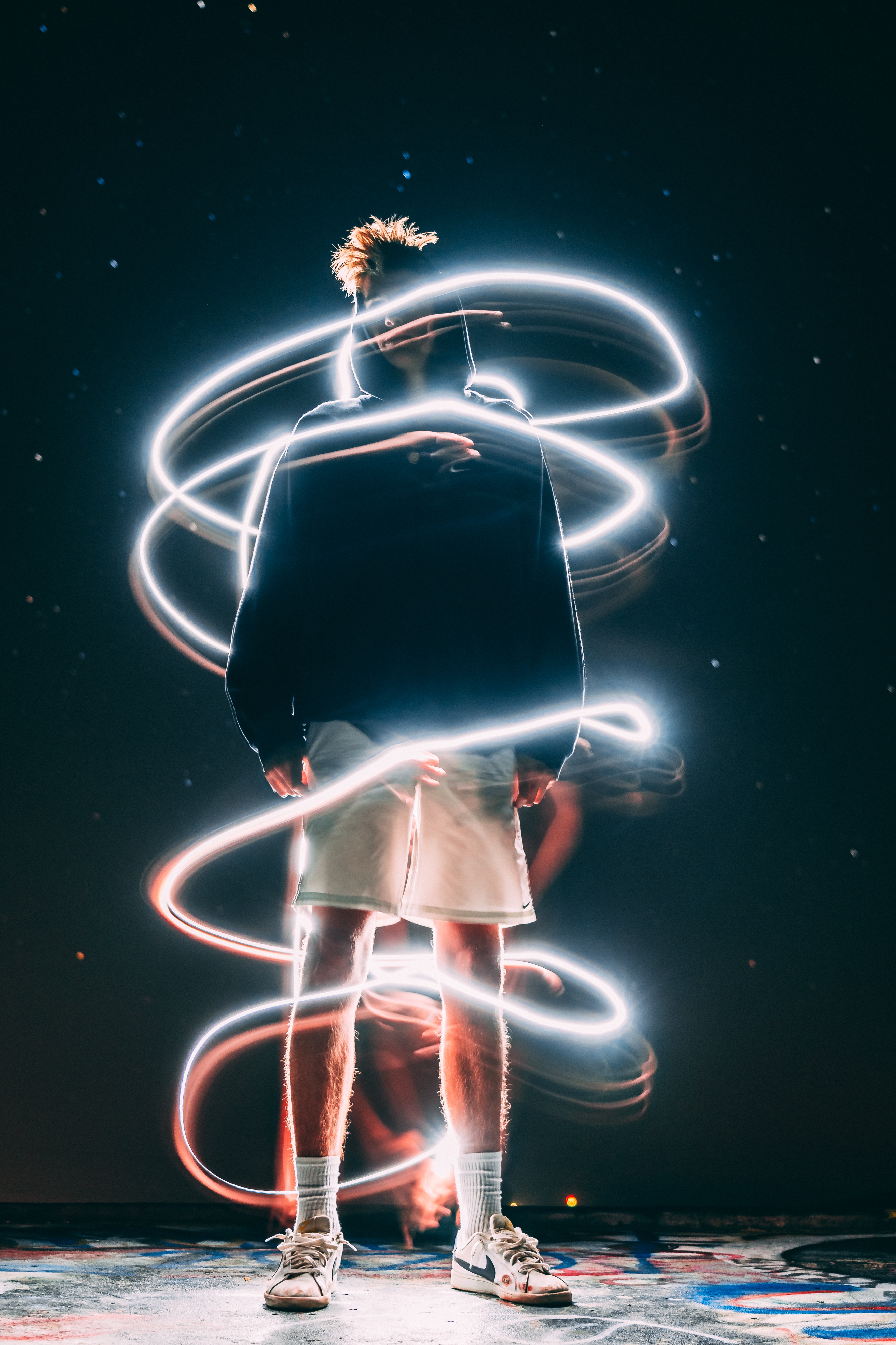 Download mobile wallpaper Traffic, Movement, Long Exposure, Person, Light, Human, Shine, Darkness, Dark for free.