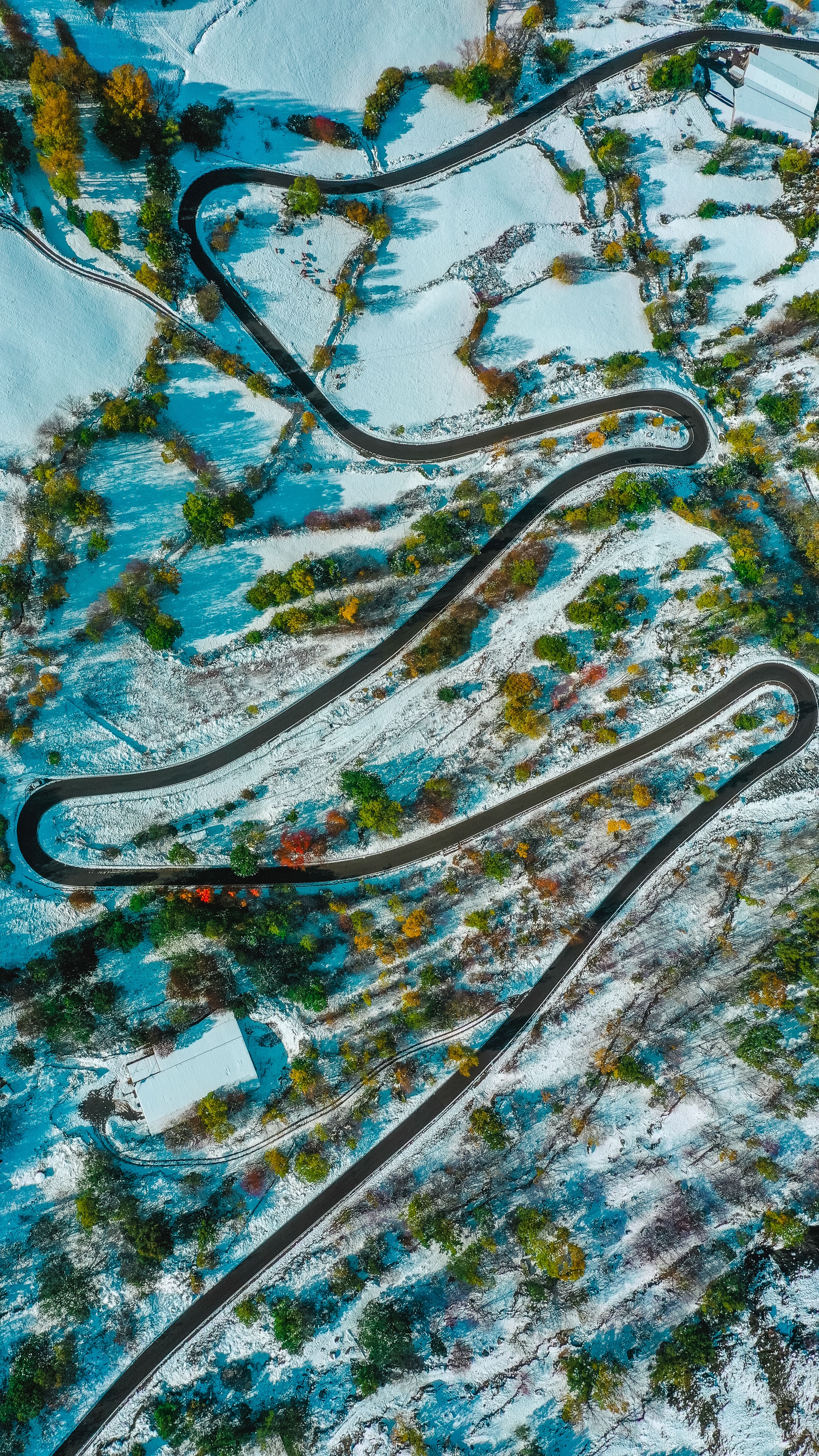 Desktop FHD nature, view from above, road, relief, snow covered, snowbound, winding, sinuous