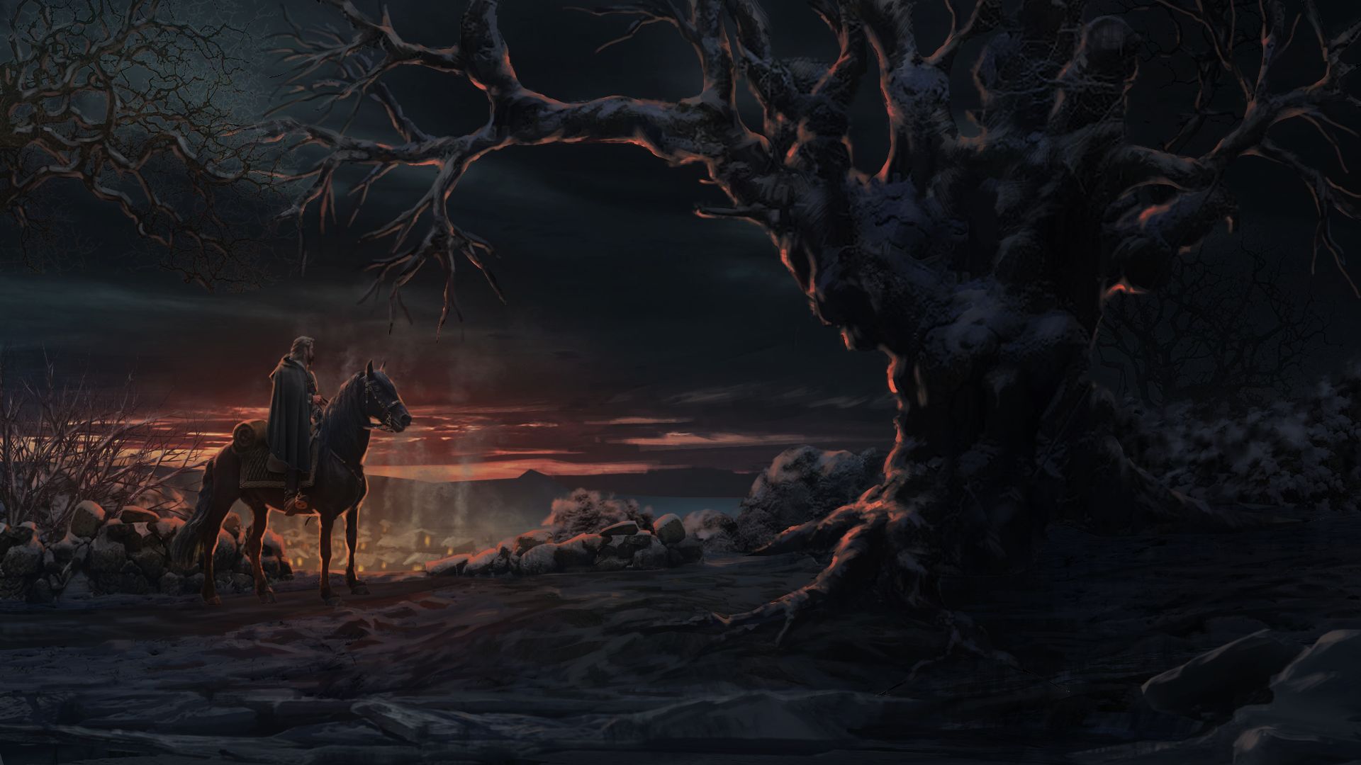 Download mobile wallpaper Winter, Fantasy, Men, Night, Tree, Horse for free.