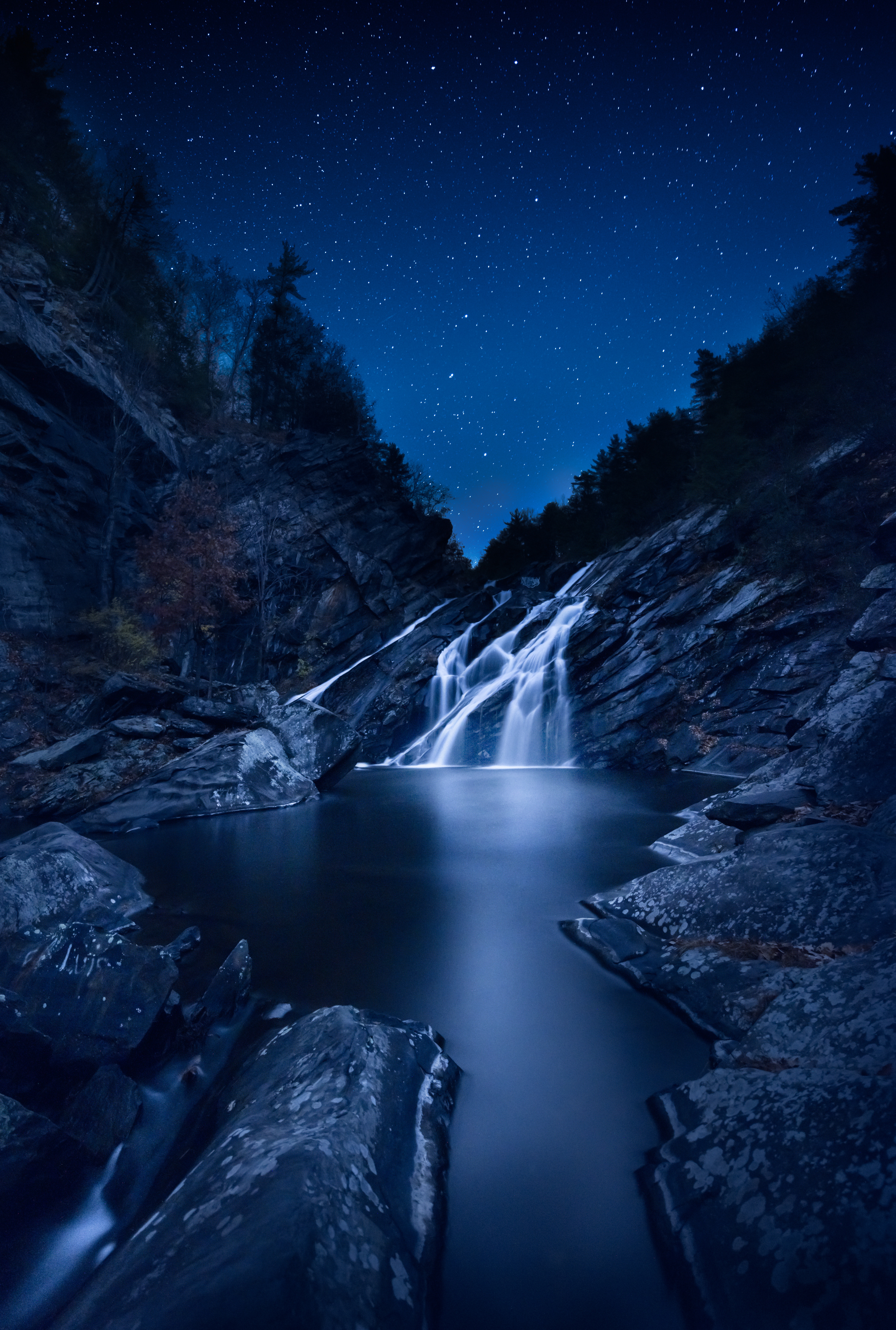 Free download wallpaper Stones, Nature, Waterfall, Starry Sky on your PC desktop