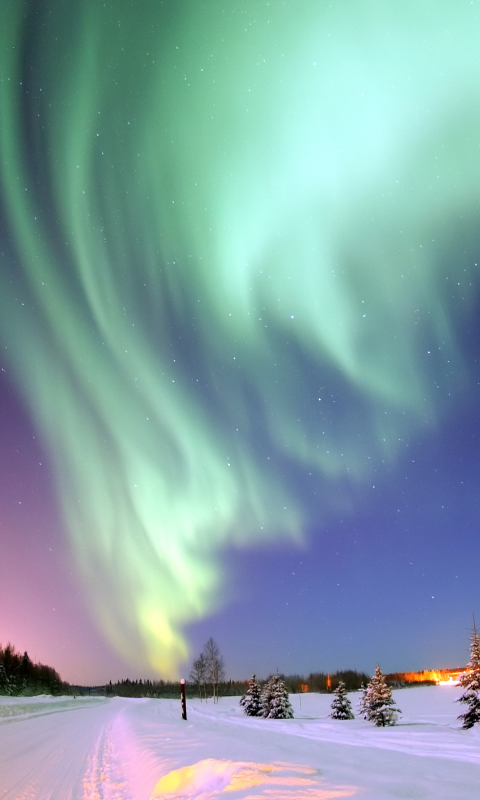 Download mobile wallpaper Sky, Stars, Snow, Light, Earth, Aurora Borealis for free.