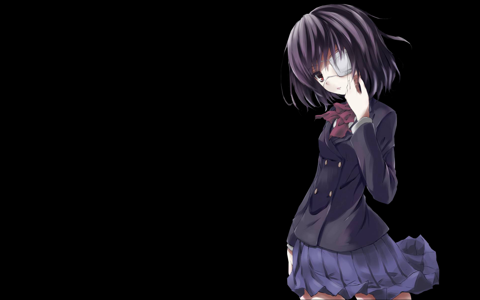 anime, another, another (anime), black hair, bow (clothing), eye patch, mei misaki, red eyes, short hair, skirt