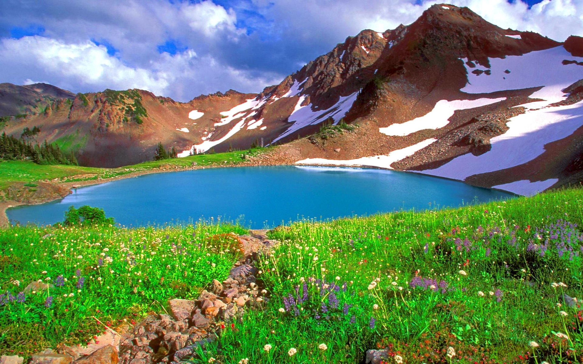 Download mobile wallpaper Landscape, Nature, Lakes, Mountain, Lake, Flower, Earth for free.