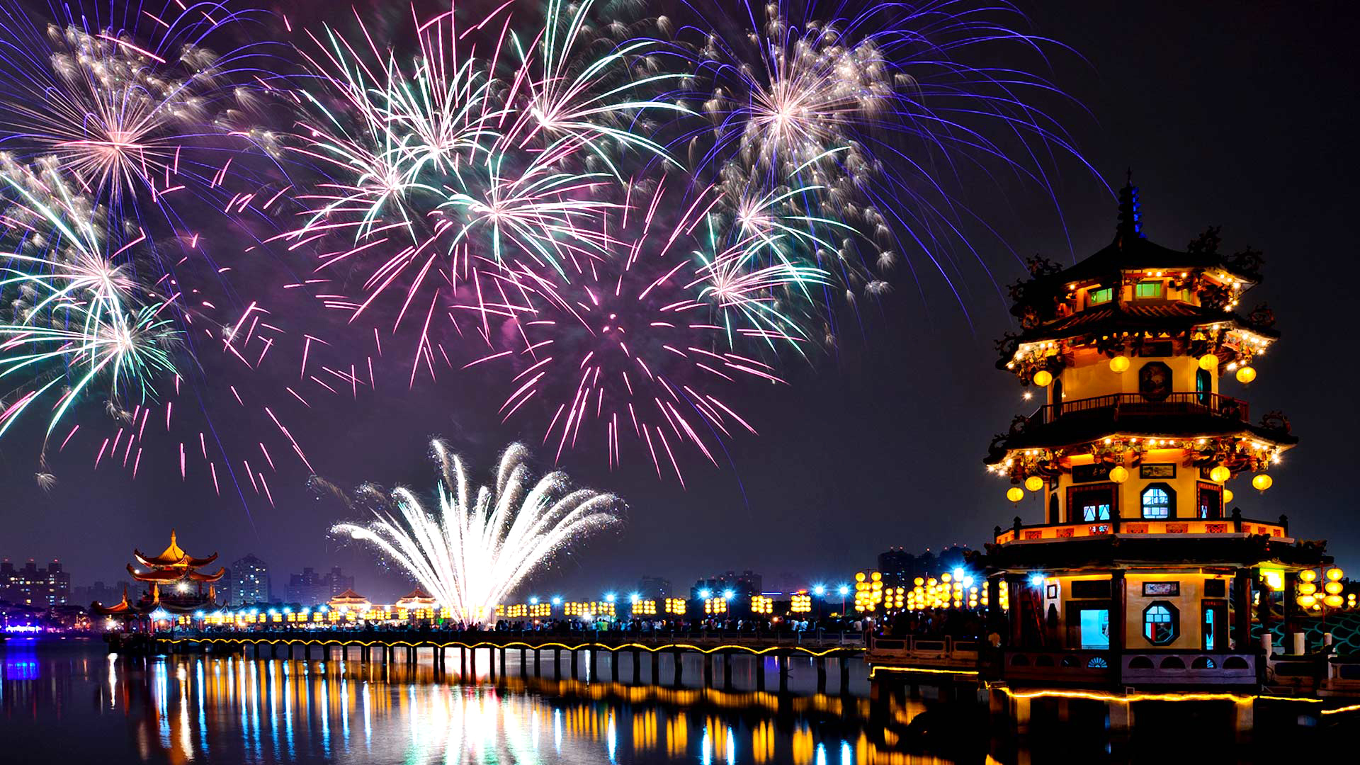 celebration, photography, fireworks, building, light, night, reflection, taiwan Full HD