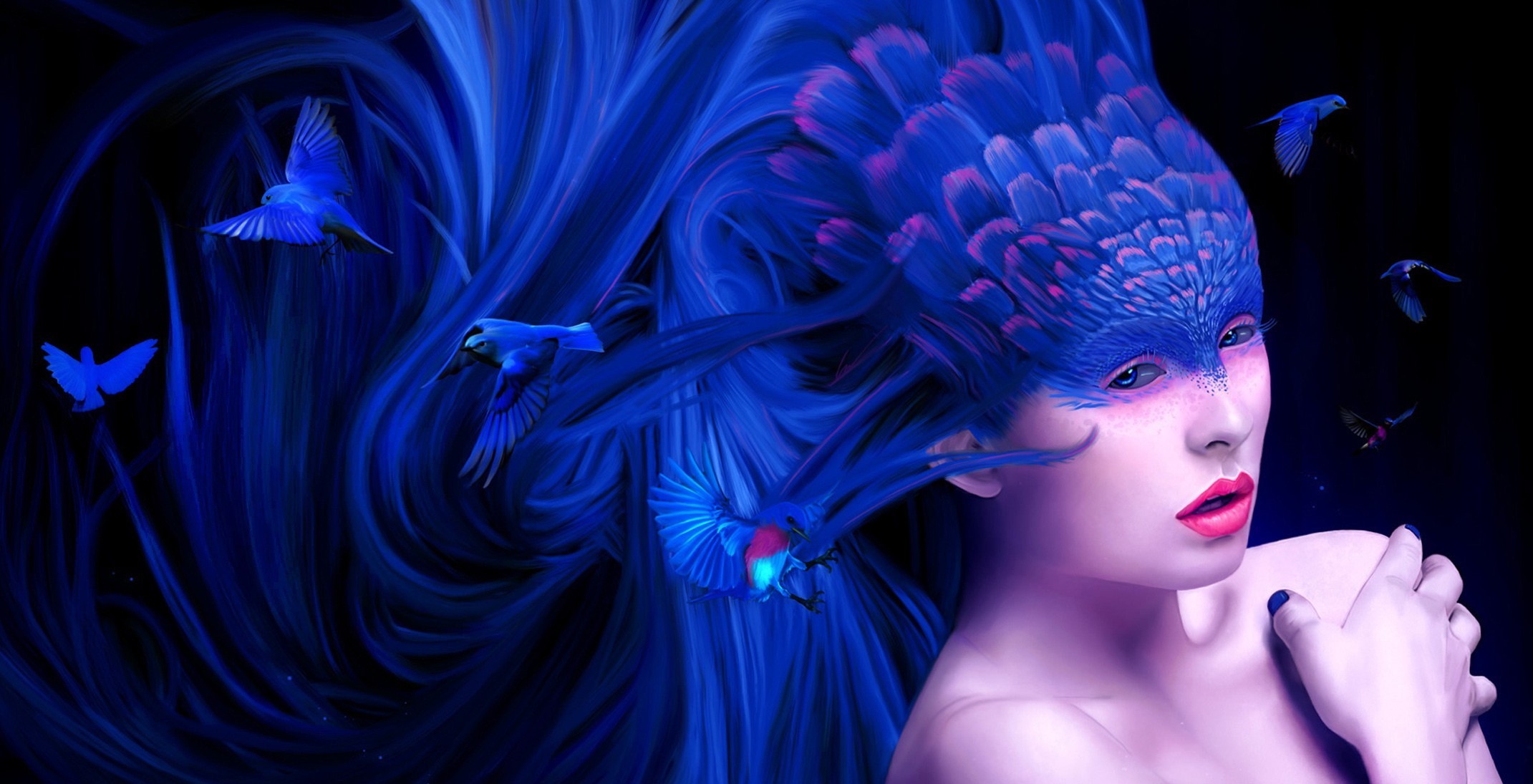 Free download wallpaper Fantasy, Feather, Bird, Hair, Women, Blue Eyes on your PC desktop