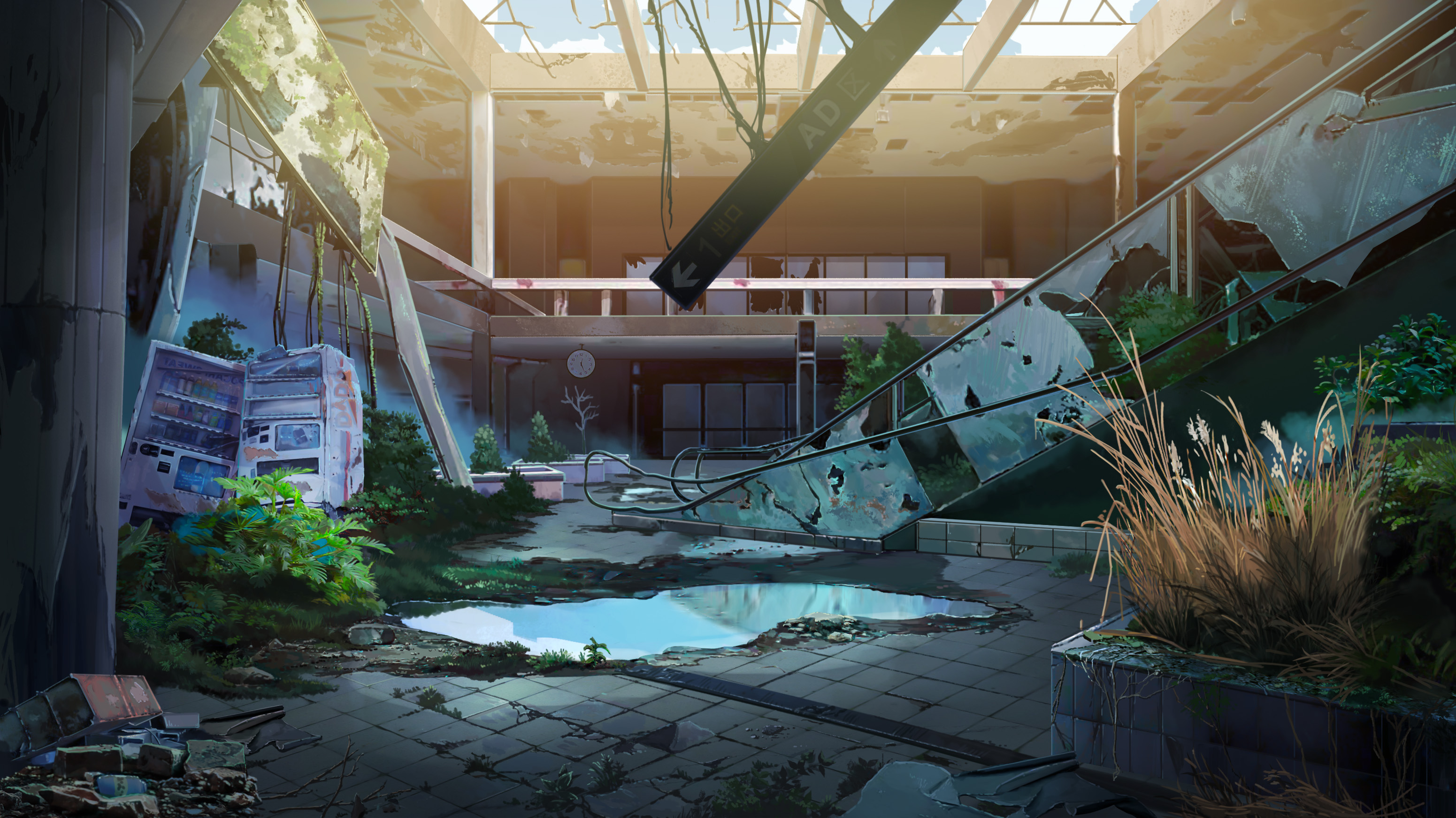 anime, original, abandoned, building, escalator, ruin, water