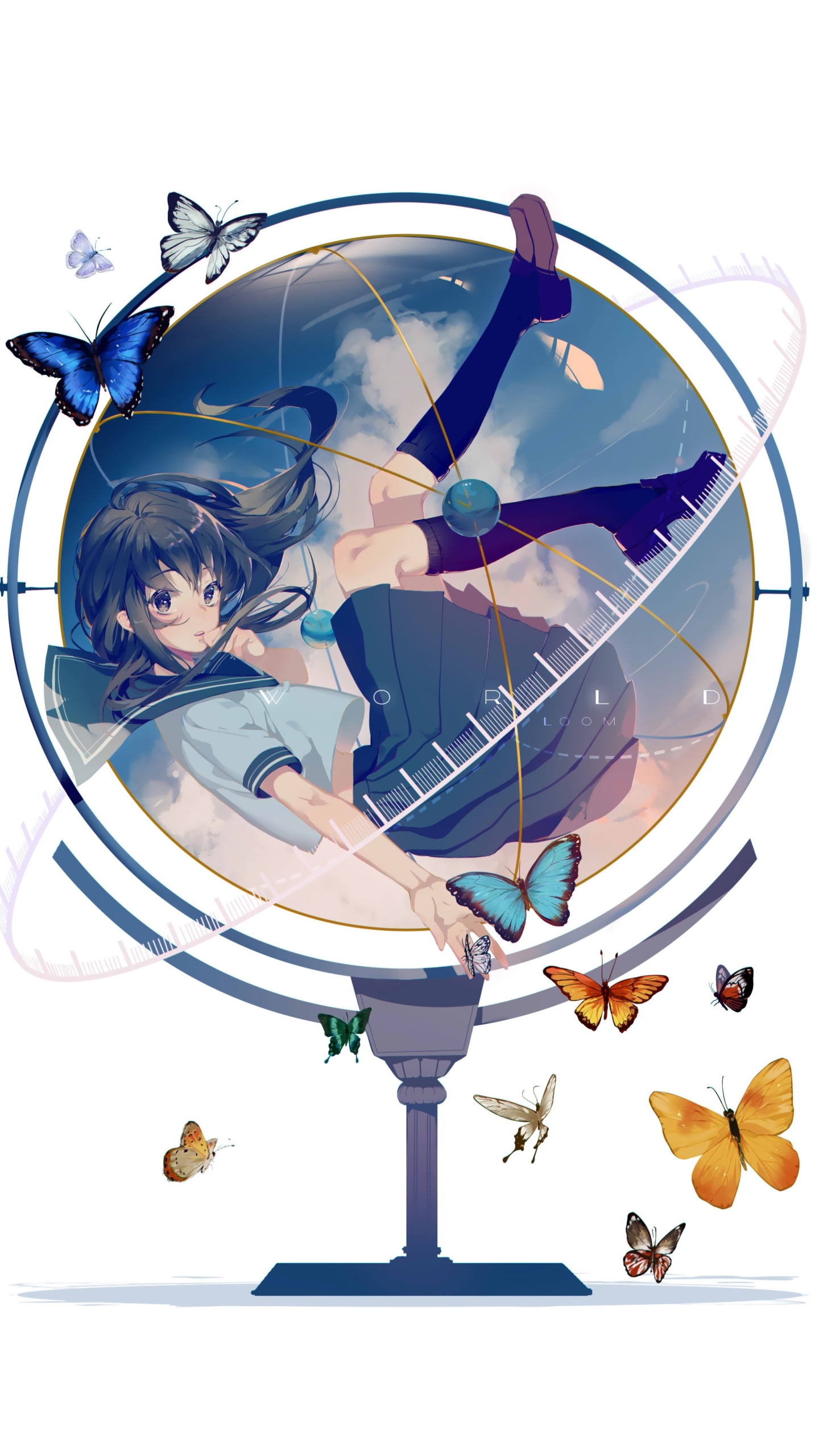 anime, original, butterfly, school uniform, globe, long hair, black hair mobile wallpaper