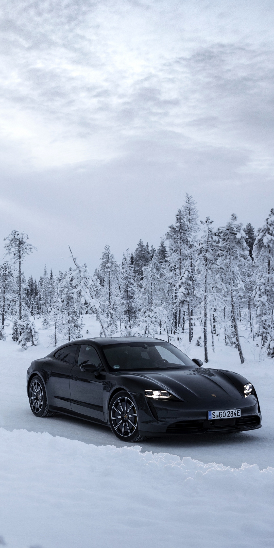 Download mobile wallpaper Winter, Porsche, Snow, Vehicles, Black Car, Porsche Taycan 4S for free.