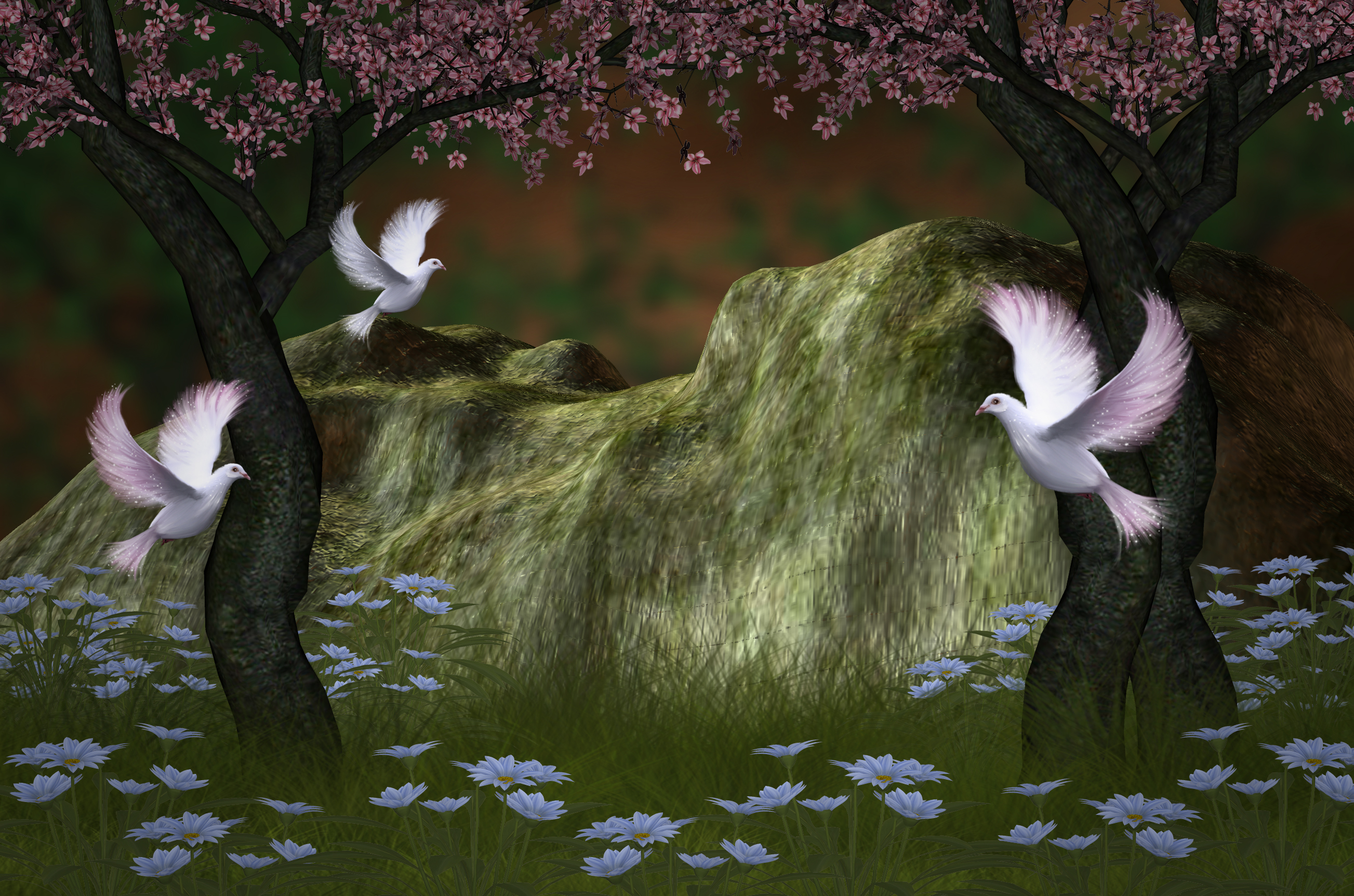 Laden Sie das Fantasie, Blume, Vogel, Baum, Taube, Gras, Fantasietiere-Bild kostenlos auf Ihren PC-Desktop herunter