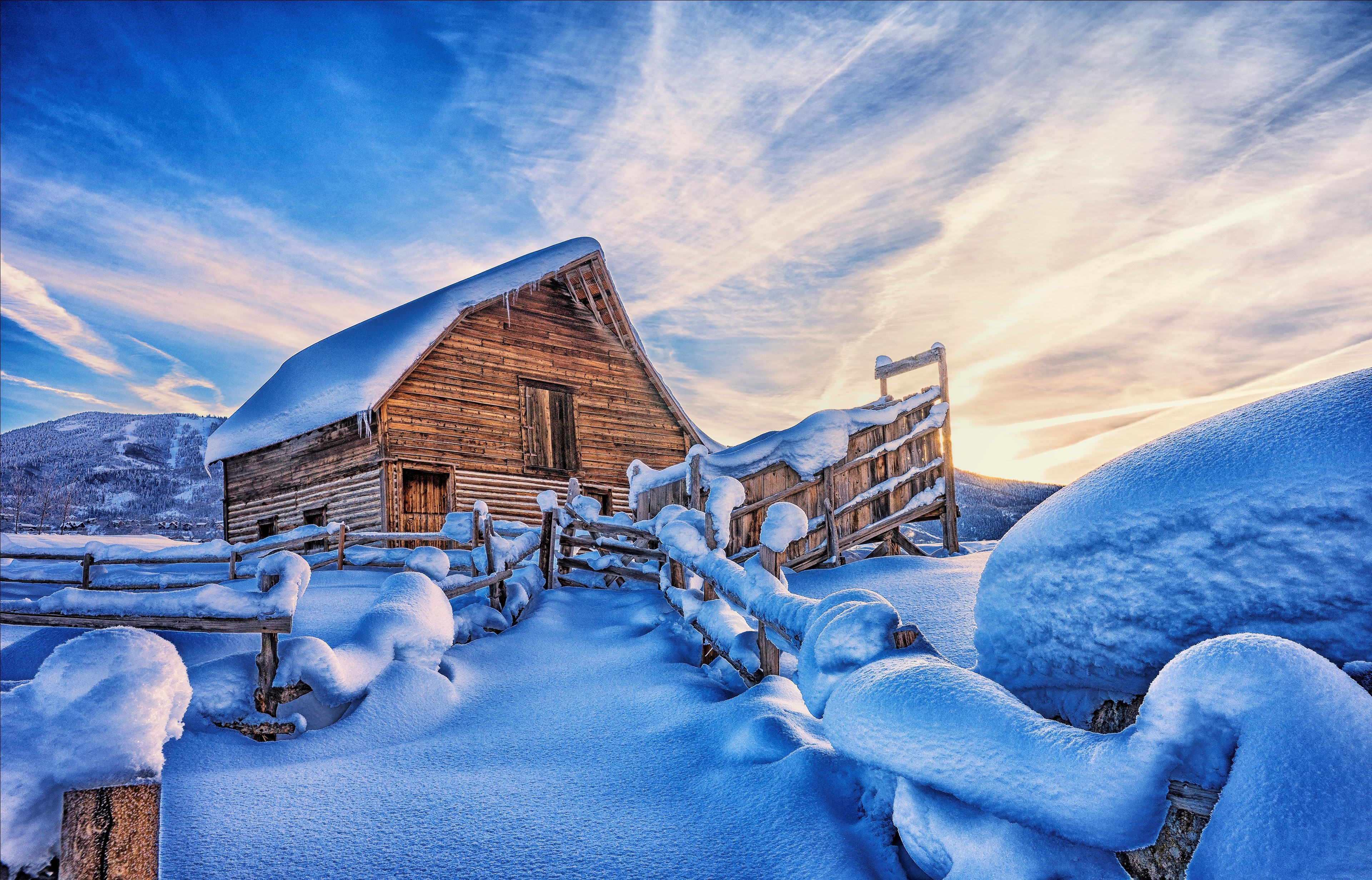 Download mobile wallpaper Winter, Snow, Mountain, Wood, Cabin, Man Made for free.