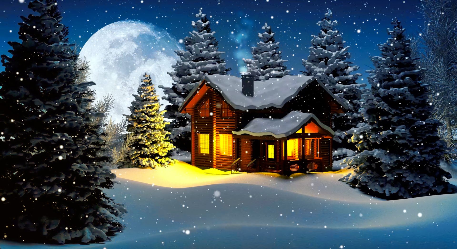 Скачать обои бесплатно Зима, Ночь, Луна, Снег, Дерево, Дом, Снегопад, Коттедж, Художественные картинка на рабочий стол ПК