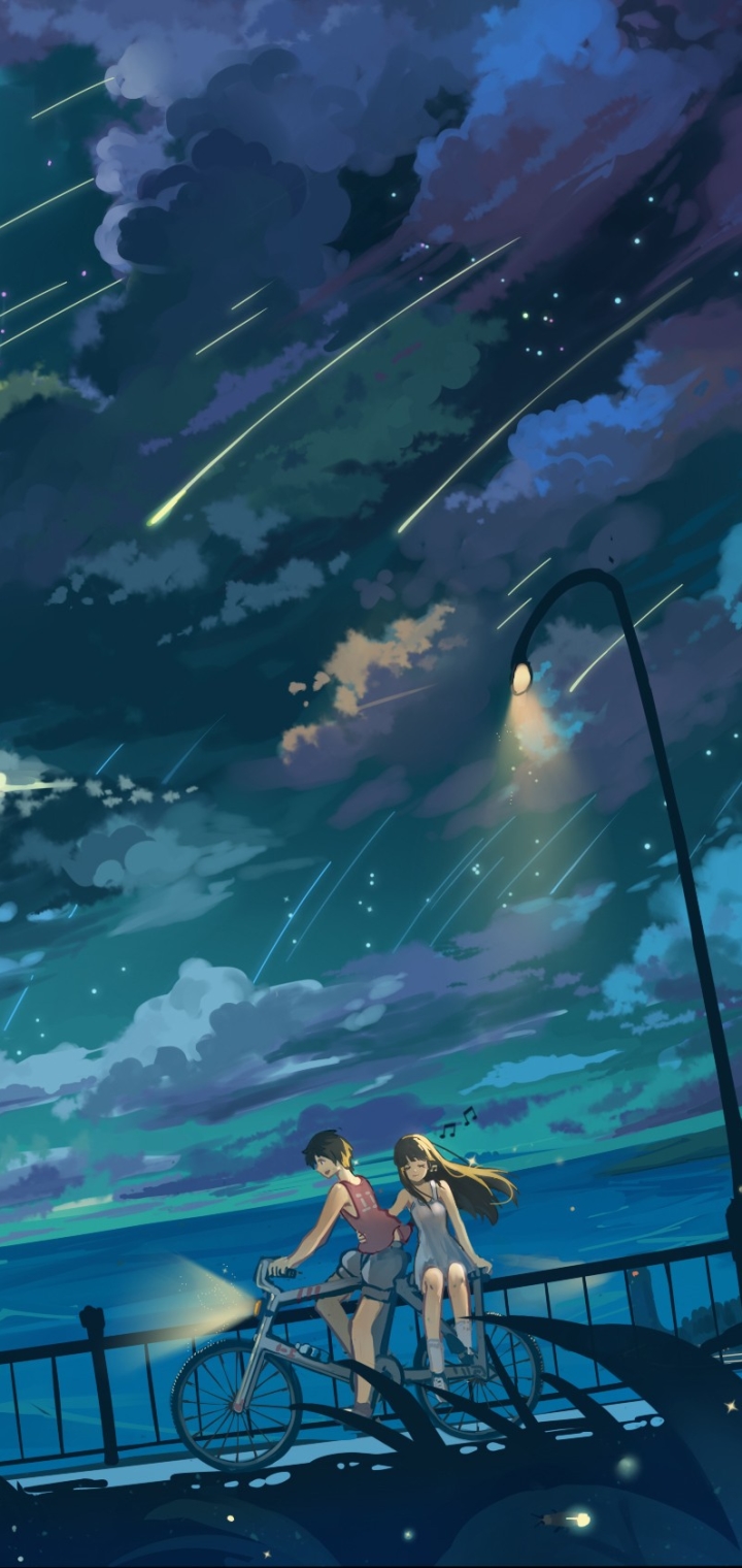Download mobile wallpaper Anime, Water, Sky, Horizon, Couple, Ocean, Cloud, Bicycle for free.