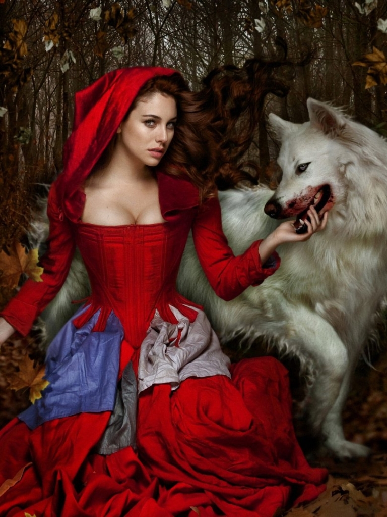 Download mobile wallpaper Fantasy, Forest, Fall, Wolf, Knife, Red Riding Hood for free.
