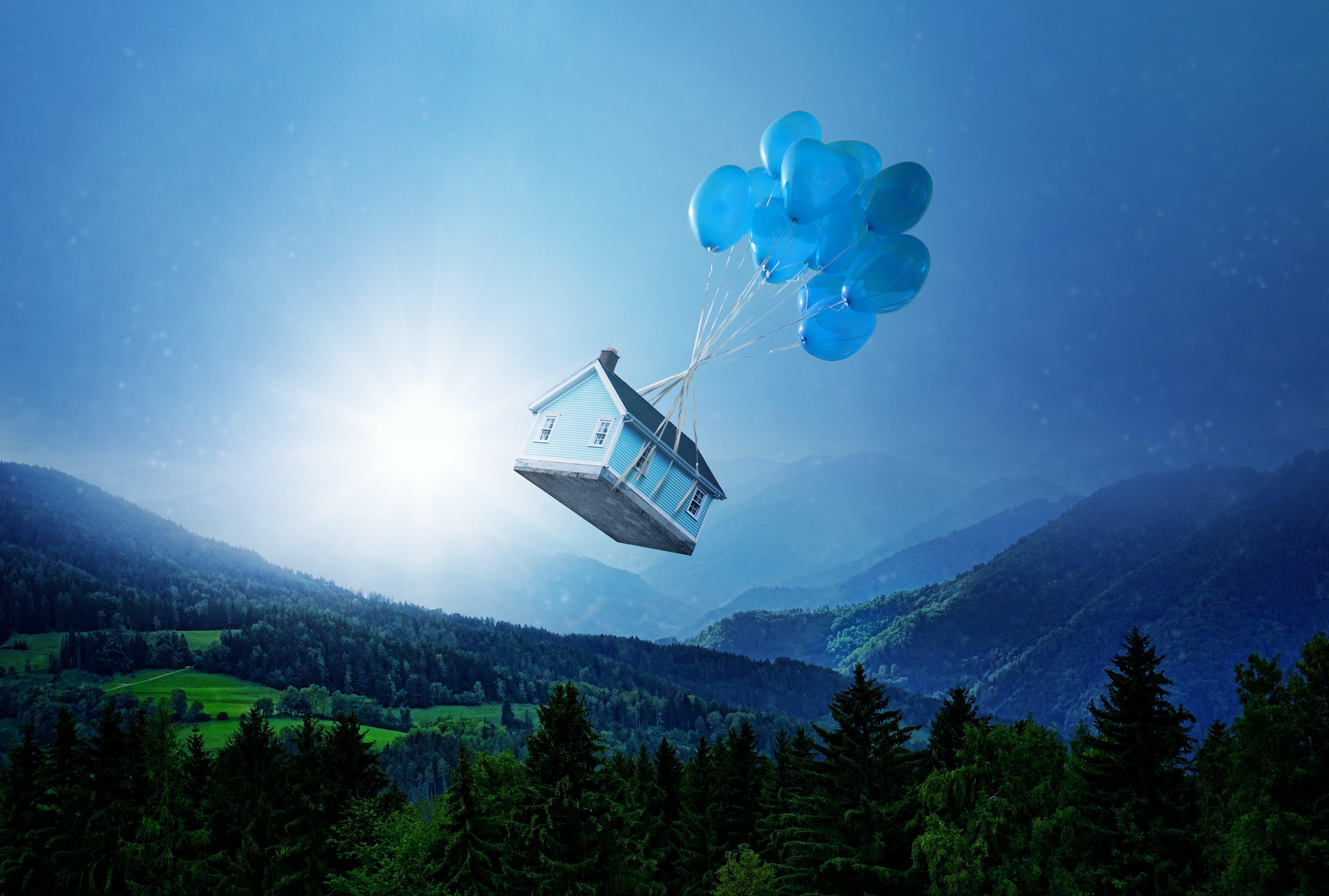 Free download wallpaper Miscellanea, Miscellaneous, Forest, Flight, Lodge, Small House, Balloons, Fantasy on your PC desktop