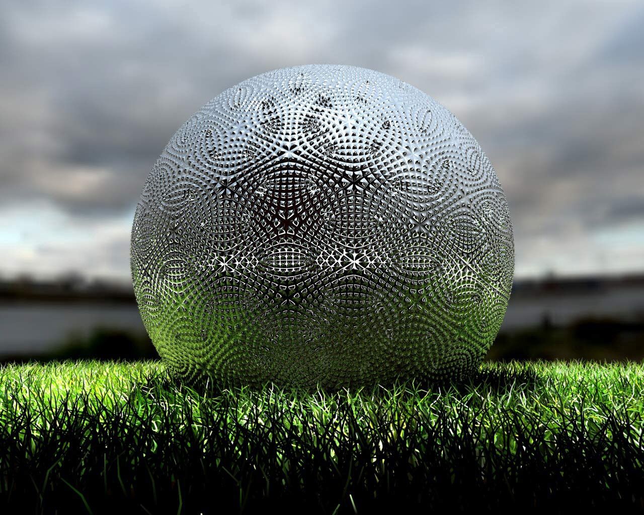 Download mobile wallpaper Grass, Ball, Patterns, Silver, 3D for free.