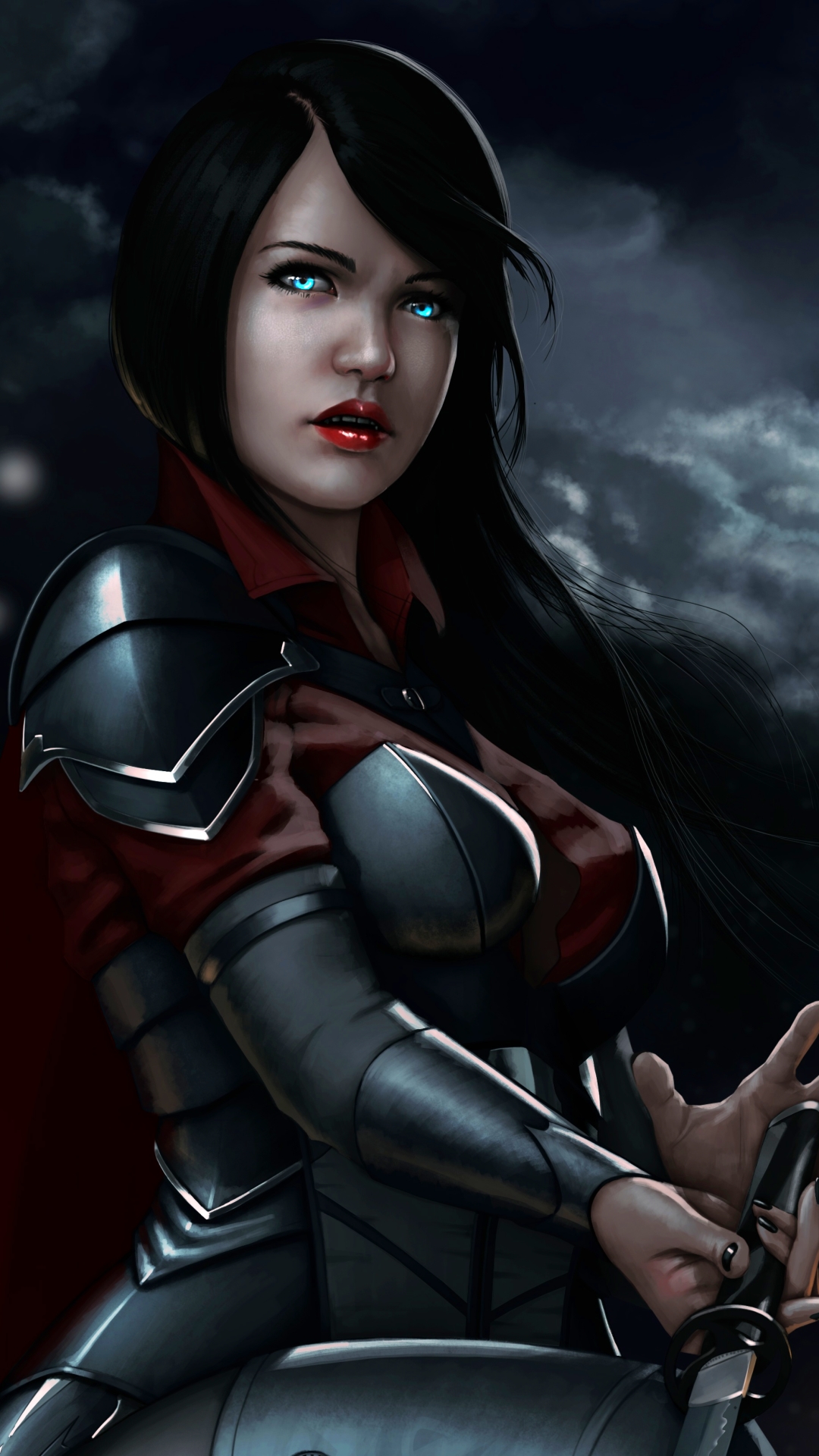 Download mobile wallpaper Fantasy, Night, Armor, Blue Eyes, Black Hair, Women Warrior, Woman Warrior for free.