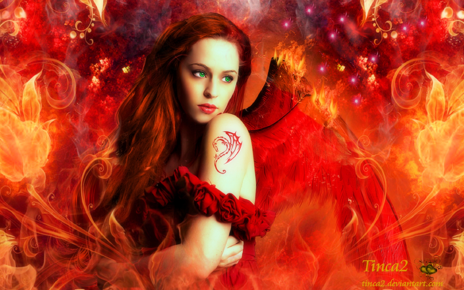 Free download wallpaper Fantasy, Fire, Wings, Angel, Green Eyes, Red Hair on your PC desktop