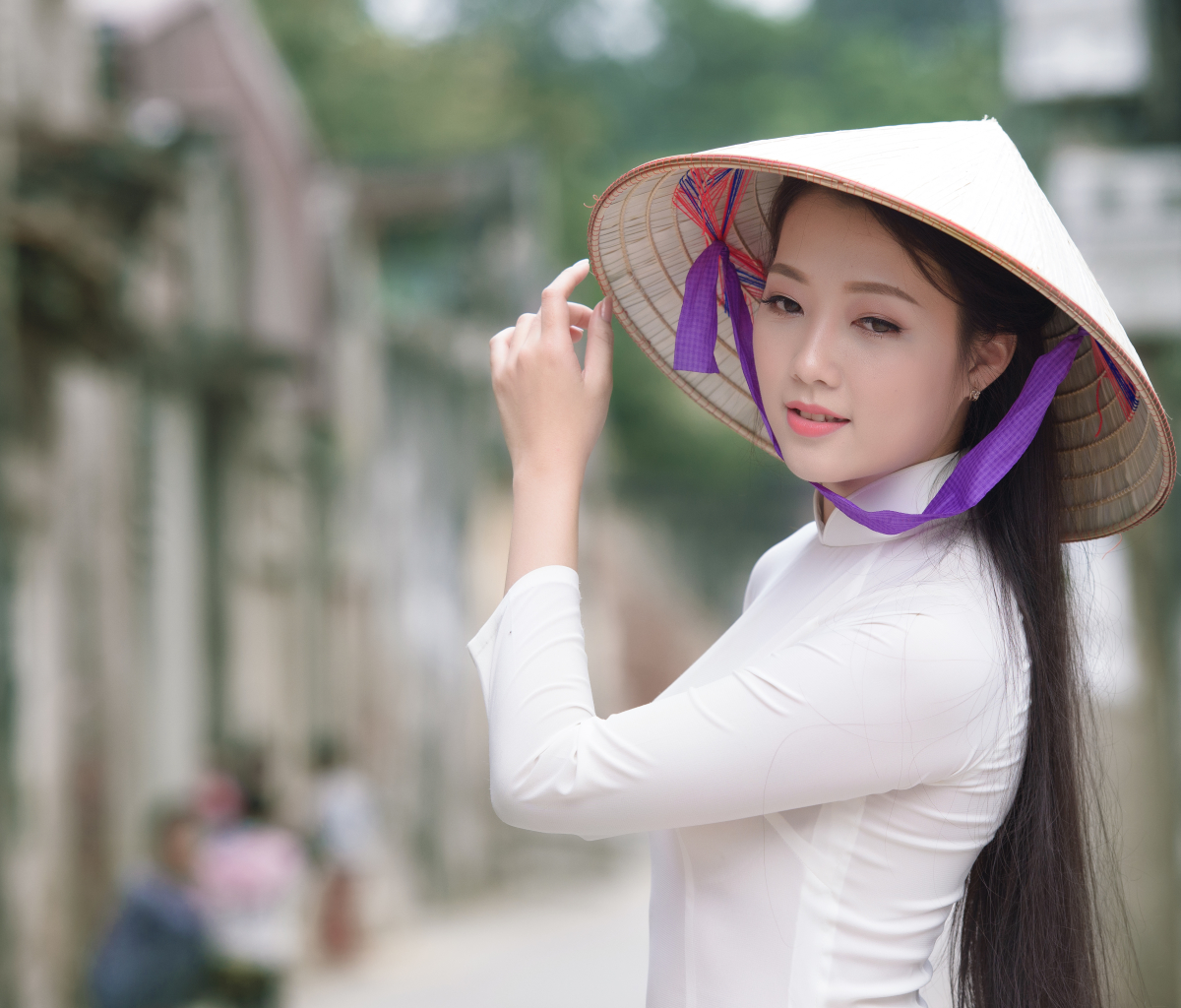 PCデスクトップにボケ, 女性, アジア人, ベトナム語, アオザイ, アジアの円錐形の帽子画像を無料でダウンロード