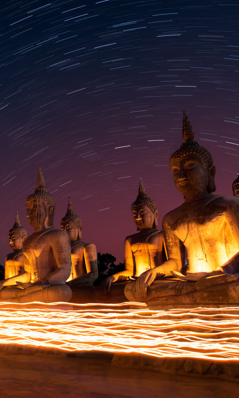 Descarga gratuita de fondo de pantalla para móvil de Noche, Buda, Luz, Estatua, Religioso, Lapso De Tiempo.