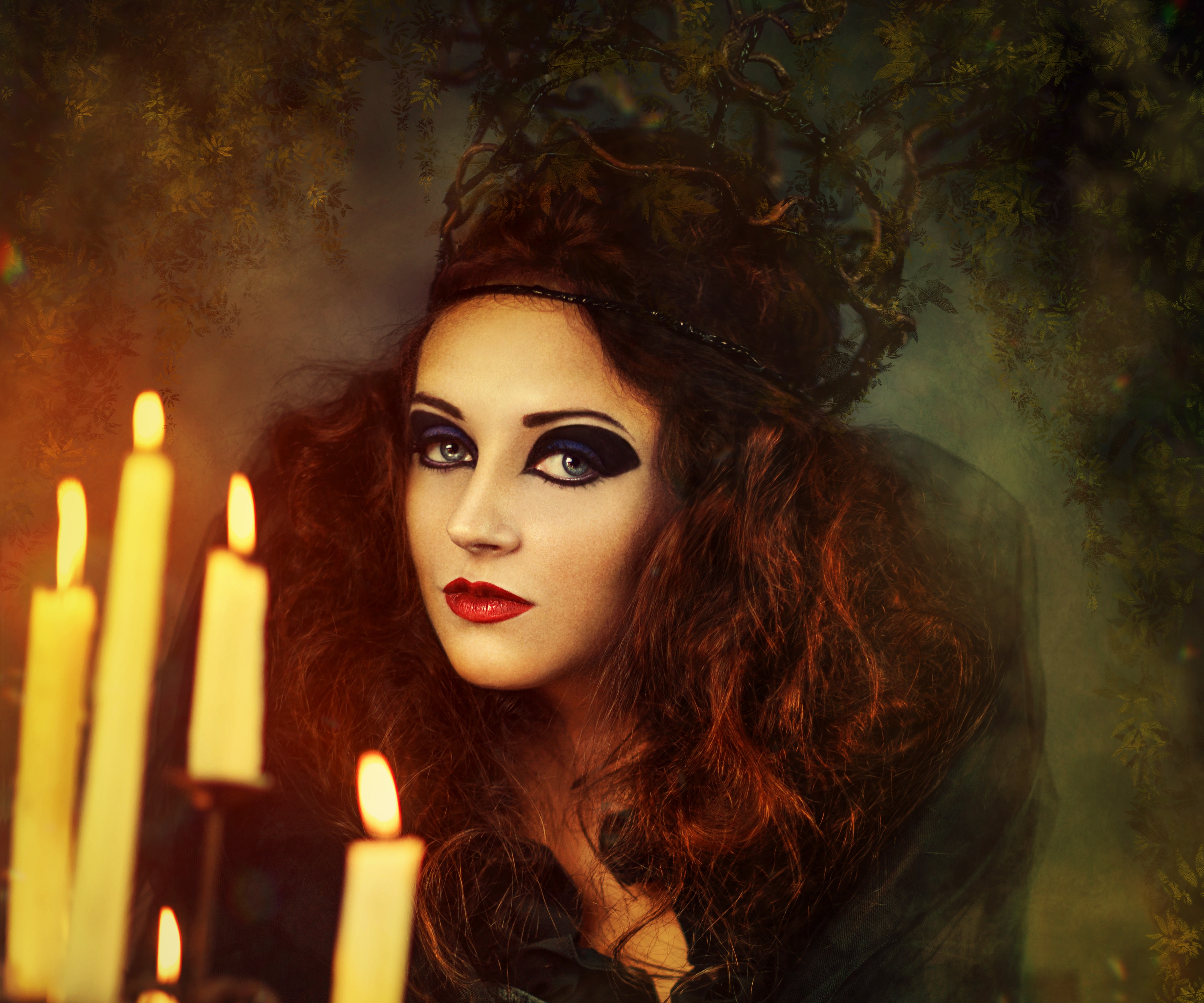 Download mobile wallpaper Fantasy, Dark, Redhead, Artistic, Candle, Face, Women, Lipstick for free.