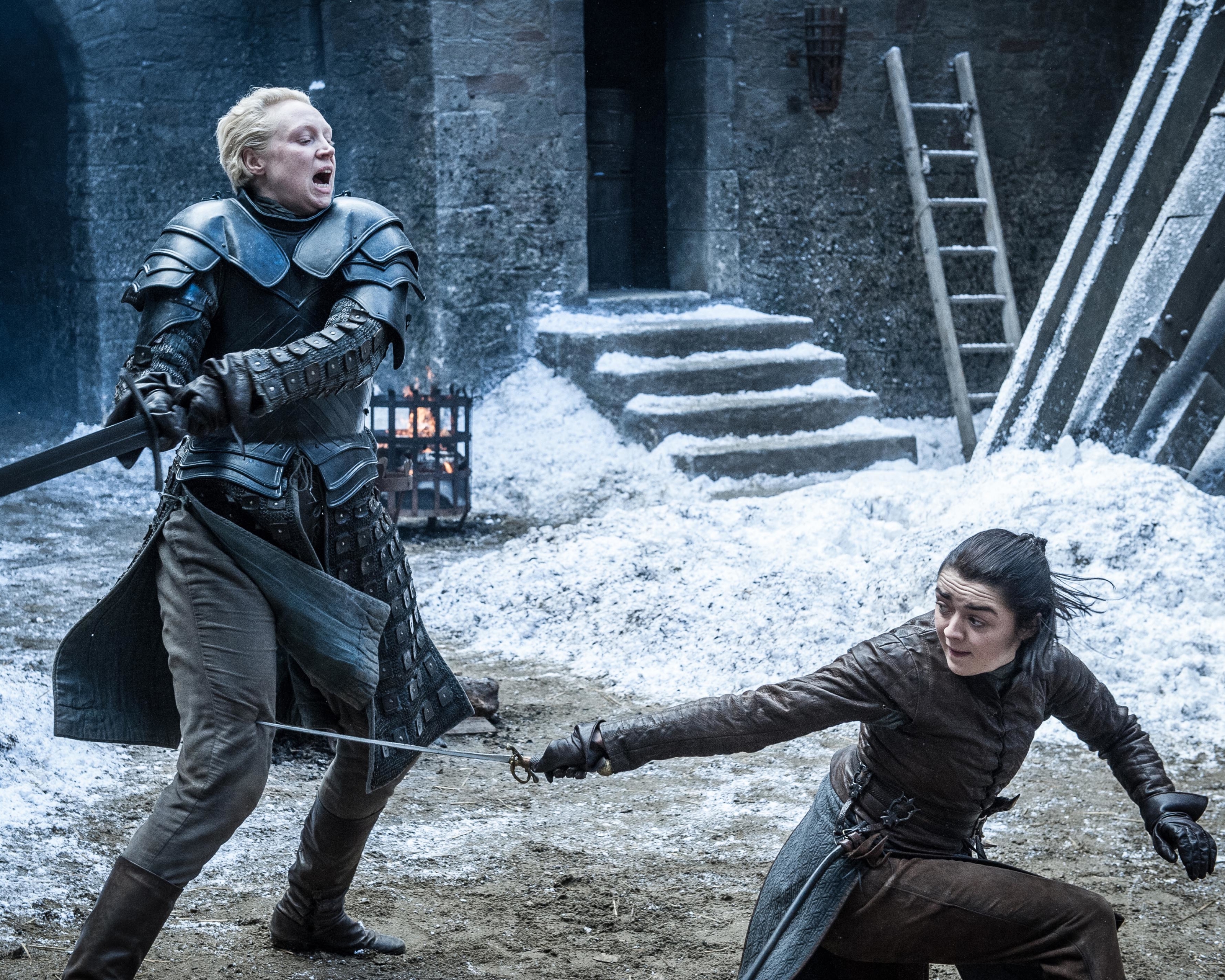 Download mobile wallpaper Game Of Thrones, Tv Show, Maisie Williams, Arya Stark, Brienne Of Tarth, Gwendoline Christie for free.