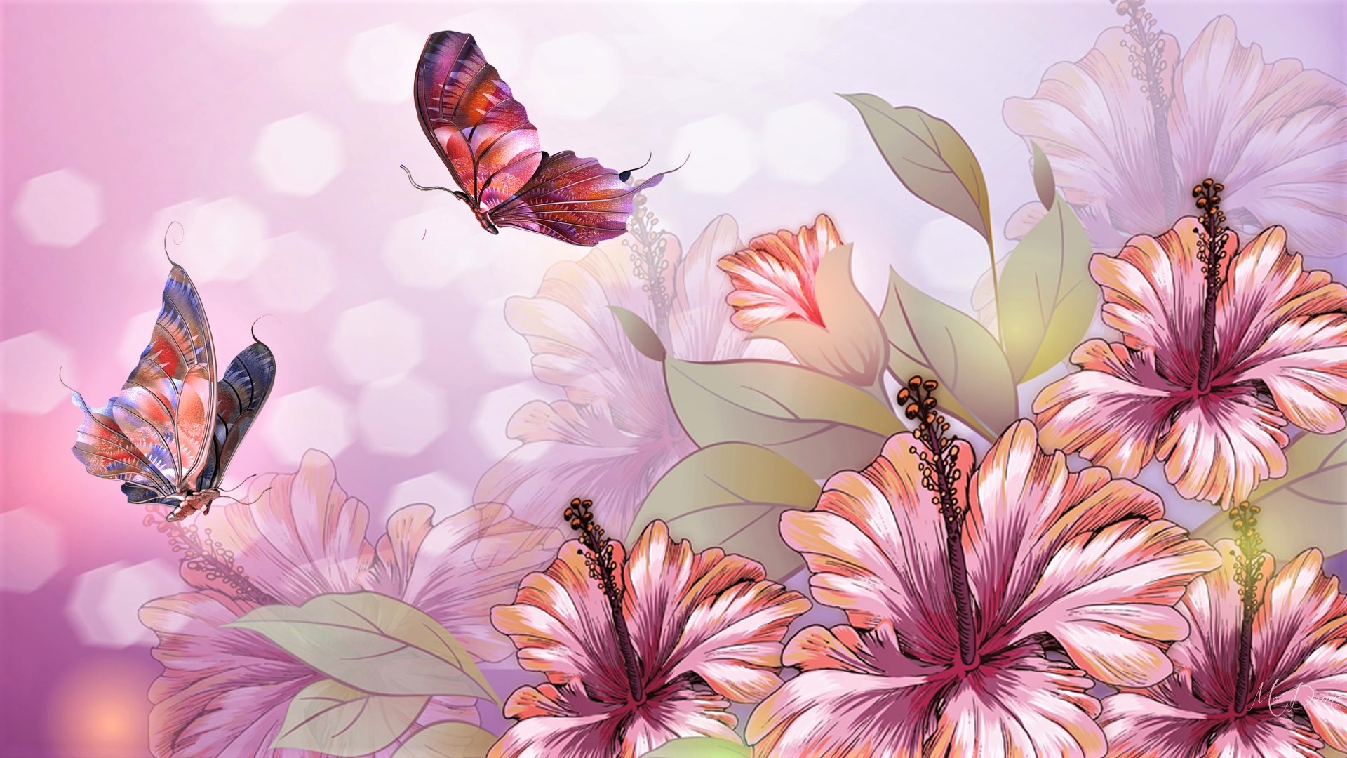 Laden Sie das Schmetterlinge, Blumen, Blume, Hibiskus, Künstlerisch-Bild kostenlos auf Ihren PC-Desktop herunter