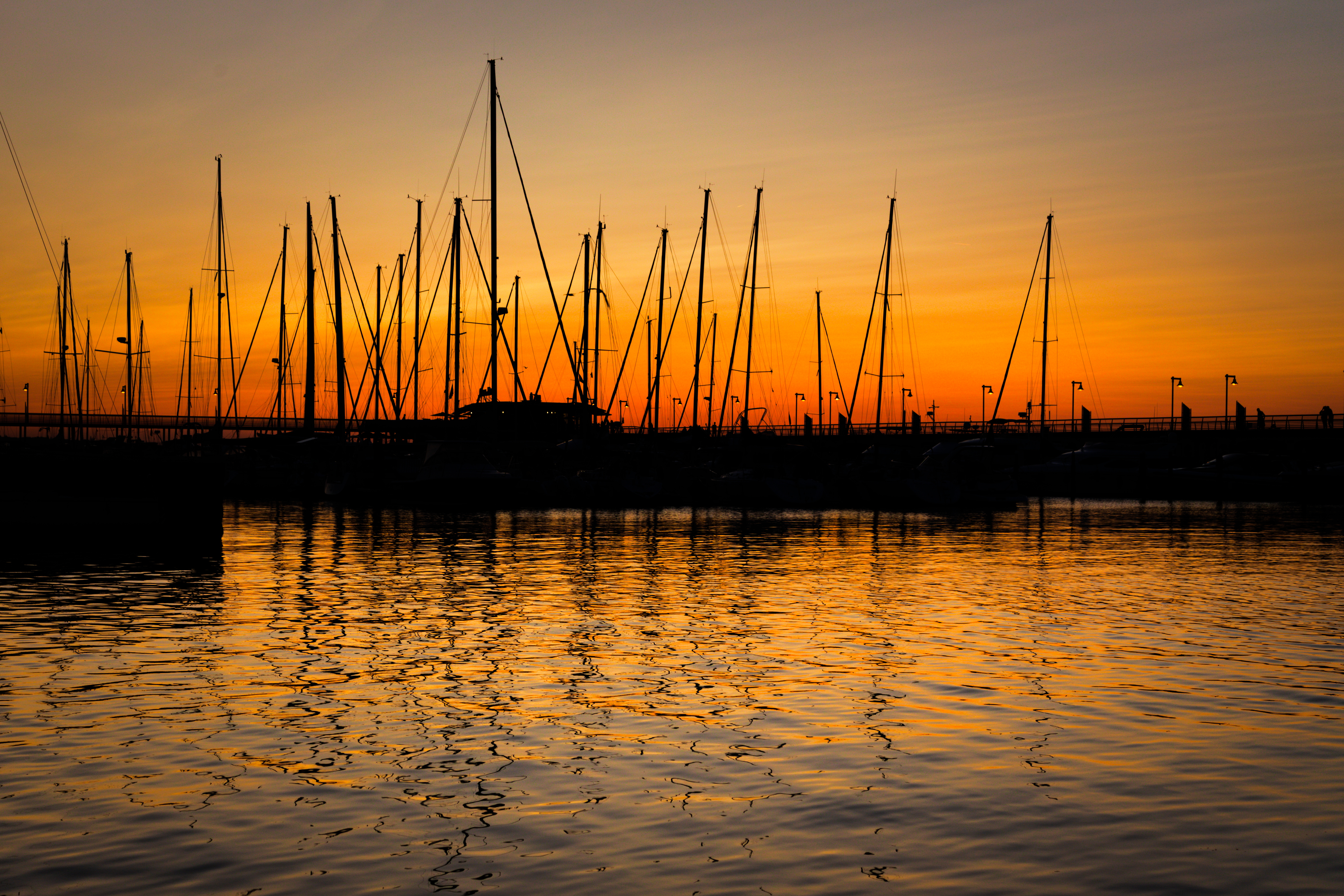 sunset, twilight, boats, dark, dusk, port HD wallpaper