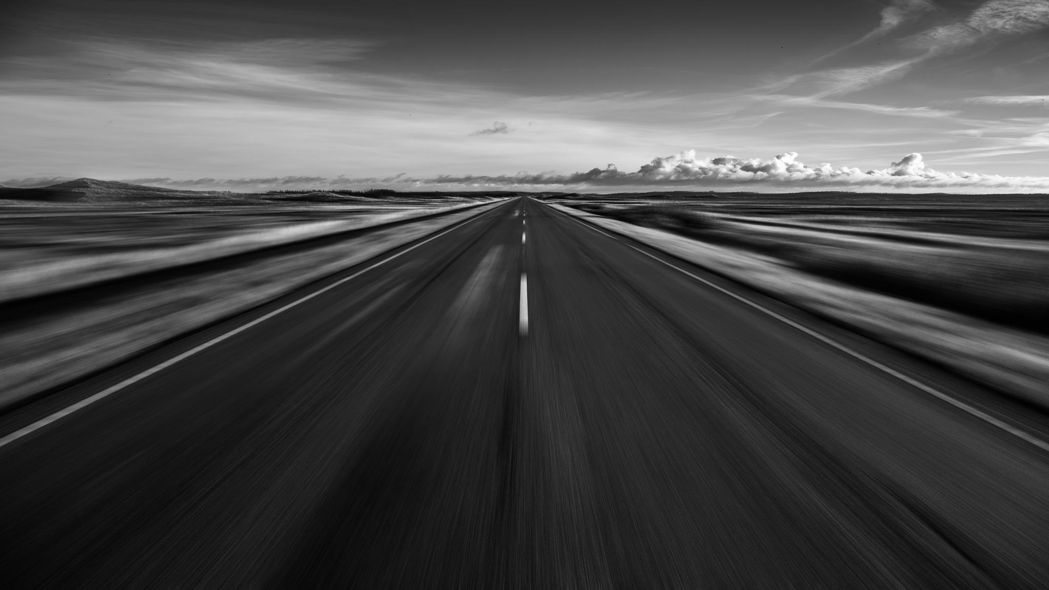 motion blur, man made, road, black & white, cloud, horizon, landscape