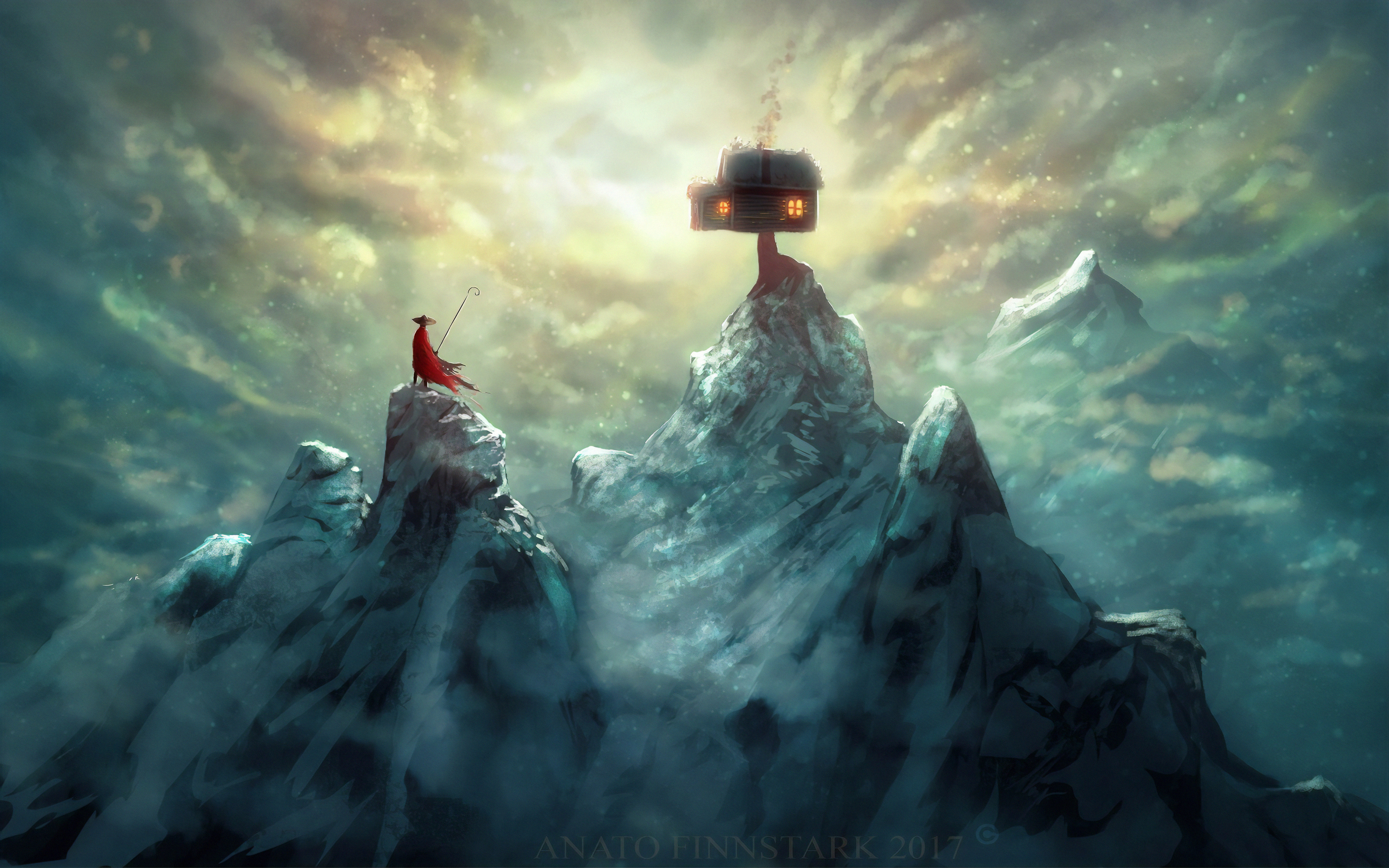 Free download wallpaper Fantasy, Mountain, Peak, House, Cloud on your PC desktop