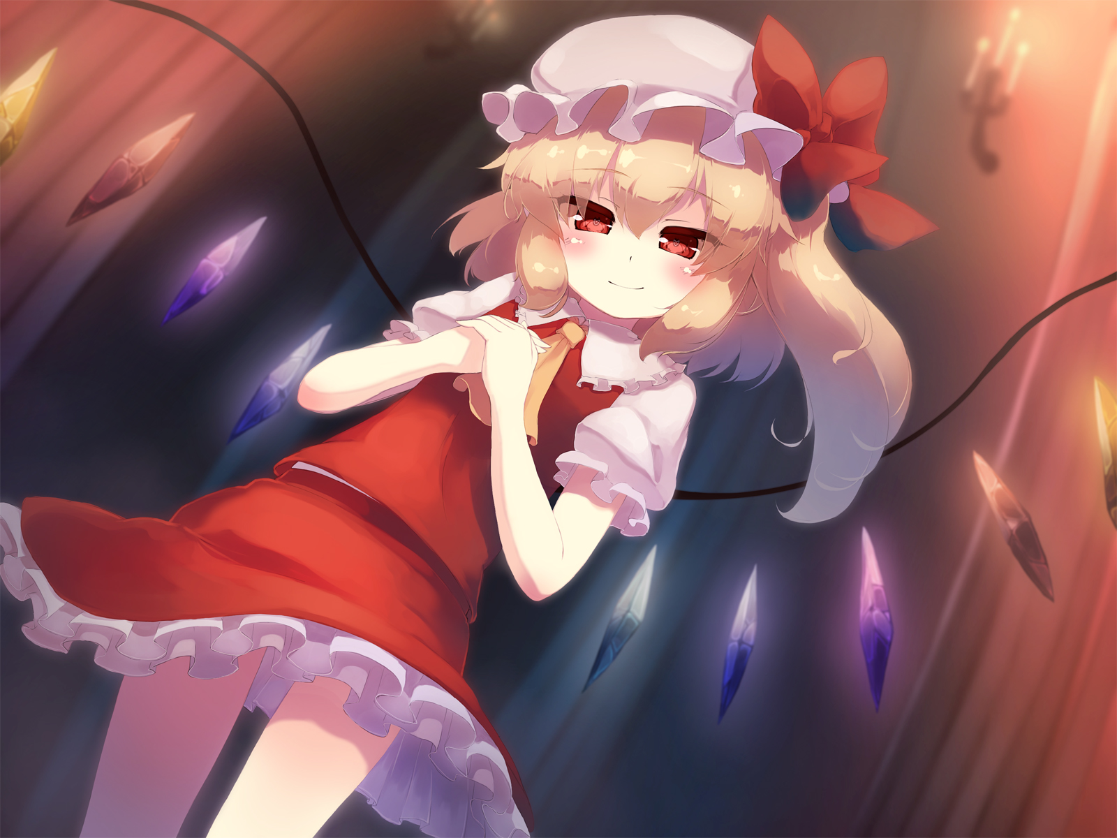 Download mobile wallpaper Anime, Blonde, Hat, Blush, Red Eyes, Video Game, Flandre Scarlet, Touhou, Short Hair, Red Dress, Bow (Clothing) for free.