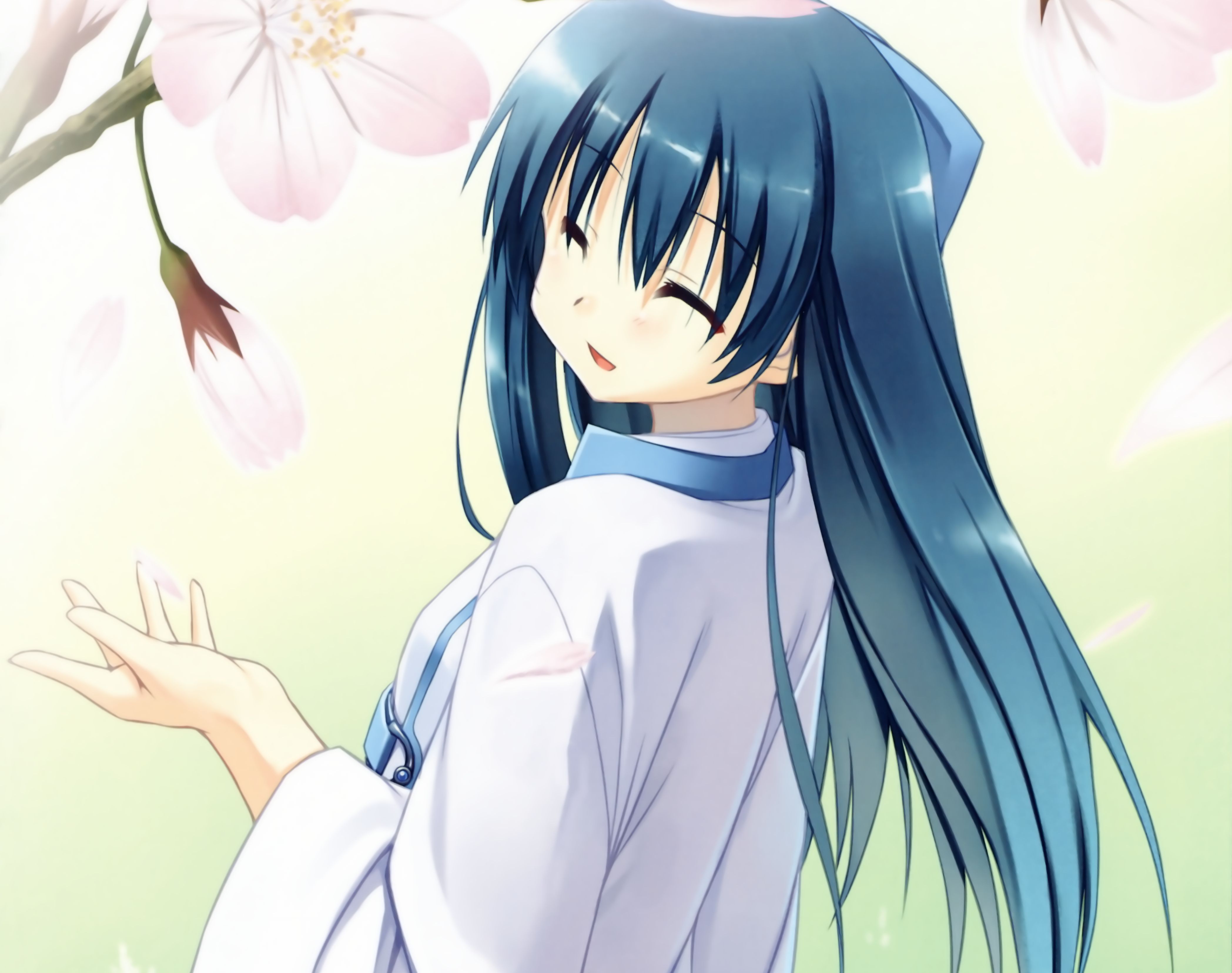Handy-Wallpaper Blume, Lächeln, Original, Blaue Haare, Animes, Lange Haare kostenlos herunterladen.