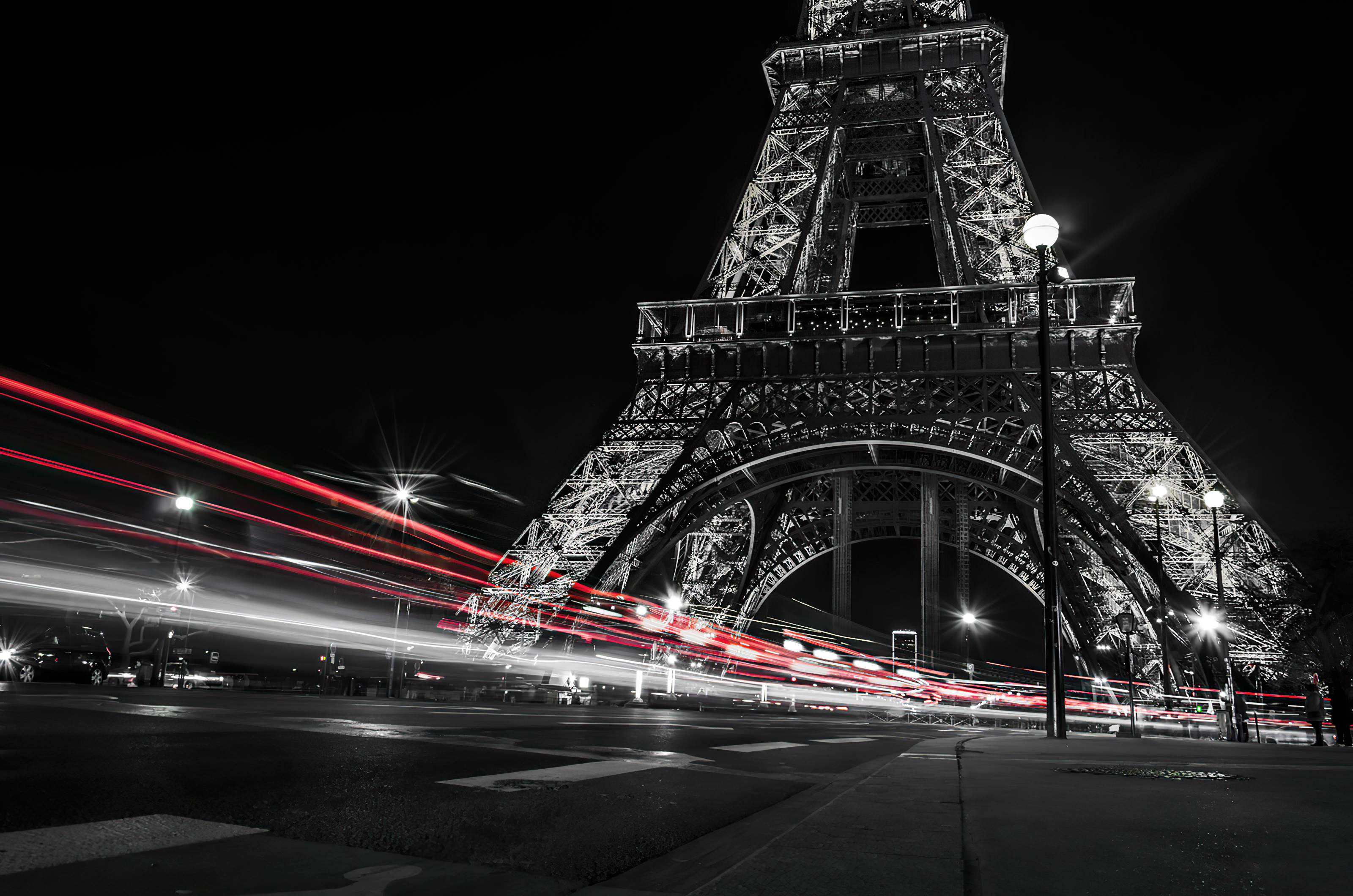Free download wallpaper Night, Paris, Eiffel Tower, Monuments, Light, Road, Man Made, Time Lapse on your PC desktop