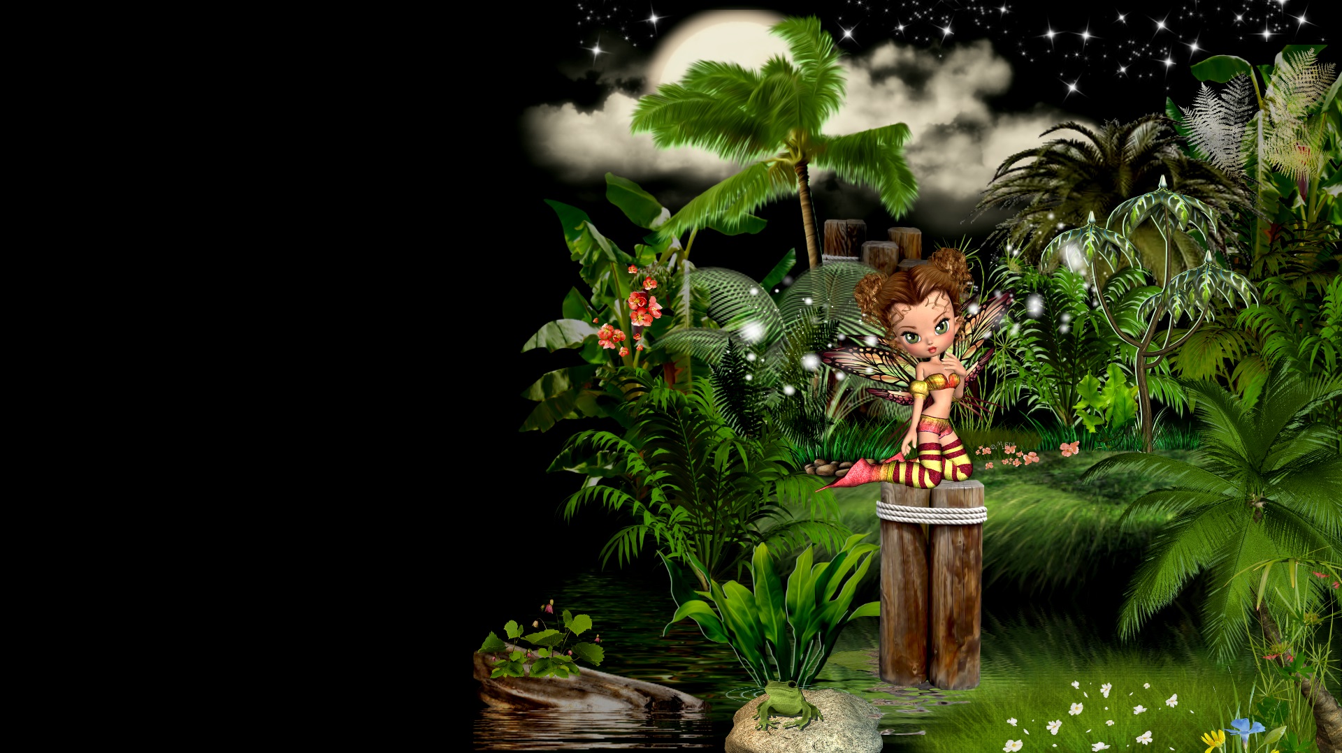 Download mobile wallpaper Water, Fantasy, Moon, Jungle, Fairy for free.