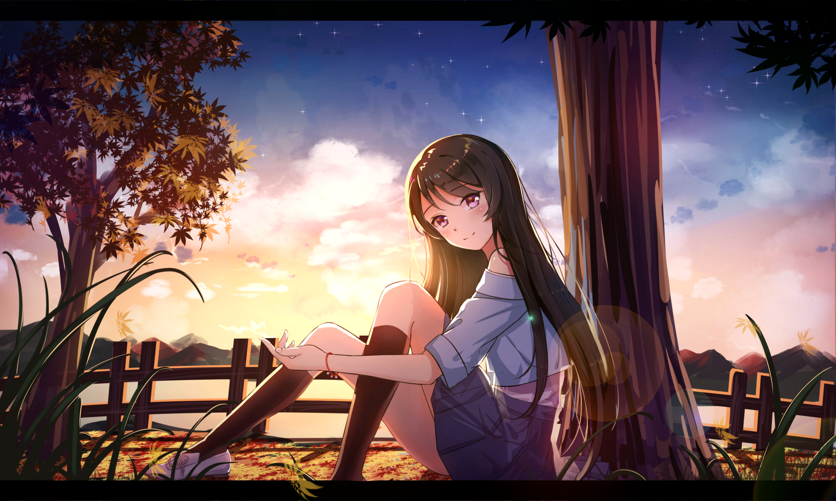 Free download wallpaper Anime, Sunset, Sky, Mountain, Tree, Cloud, Original, Long Hair, Purple Eyes on your PC desktop