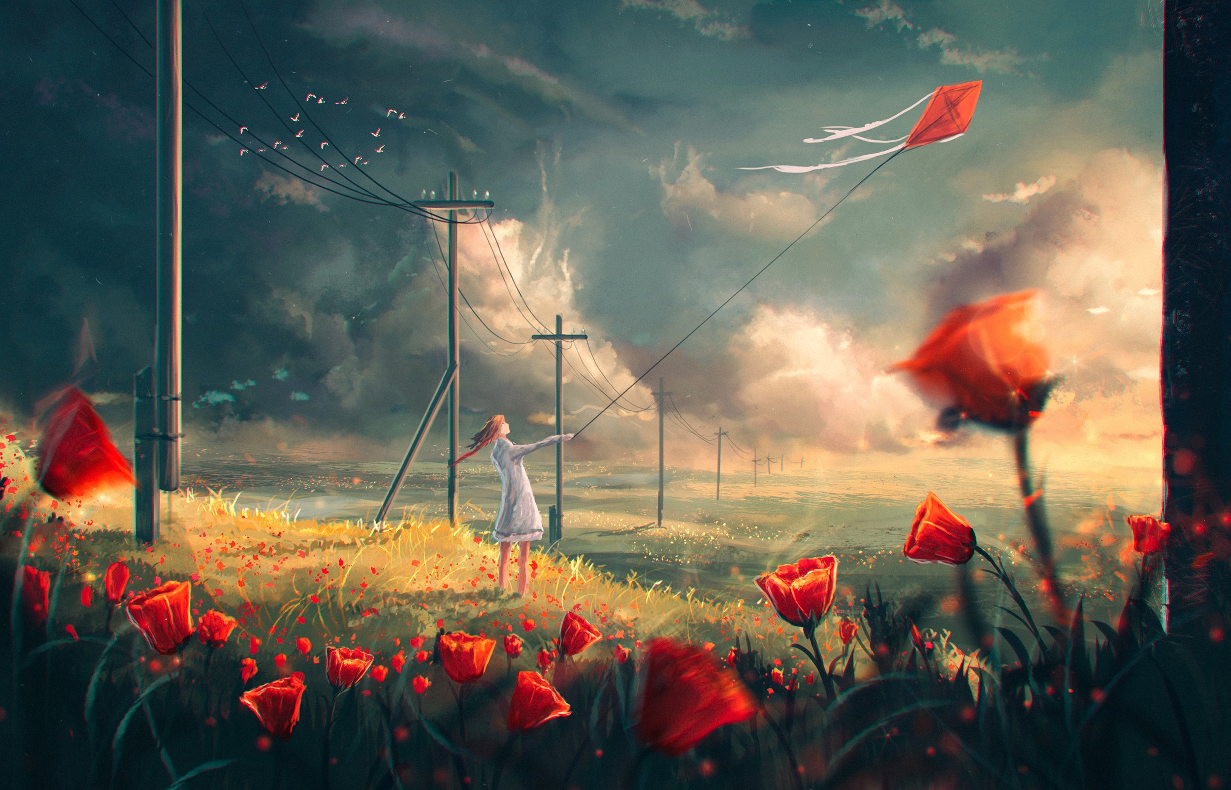 Laden Sie das Landschaft, Blume, Vogel, Wolke, Original, Himmel, Animes-Bild kostenlos auf Ihren PC-Desktop herunter