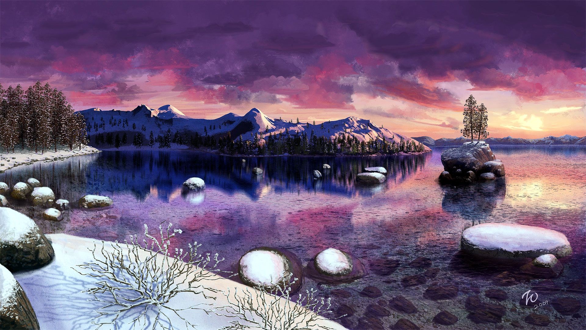 398297 Hintergrundbild herunterladen erde/natur, lake tahoe, malerei, lila, schnee, sonnenuntergang, baum, winter, seen - Bildschirmschoner und Bilder kostenlos