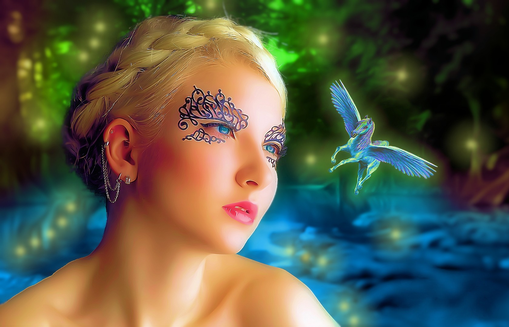 Free download wallpaper Fantasy, Pegasus, Women, Makeup, Blue Eyes on your PC desktop