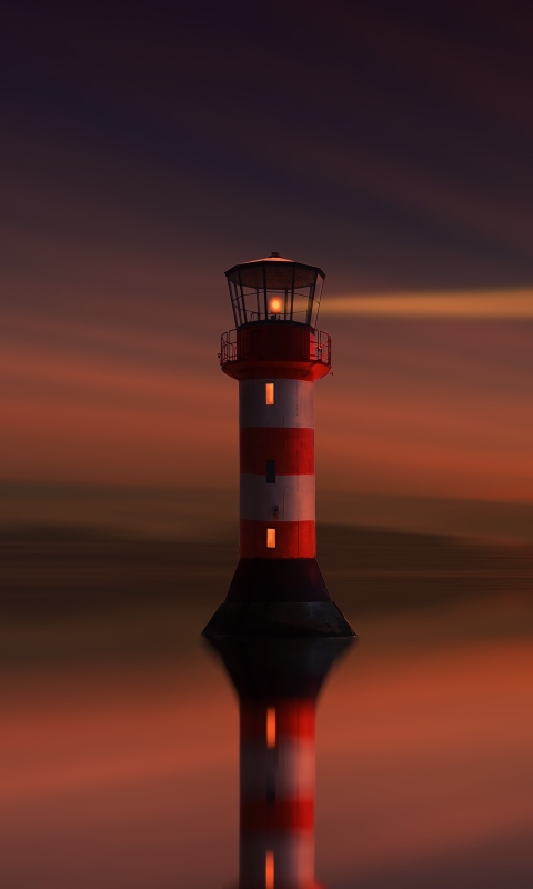 Download mobile wallpaper Sunset, Reflection, Light, Lighthouse, Man Made for free.