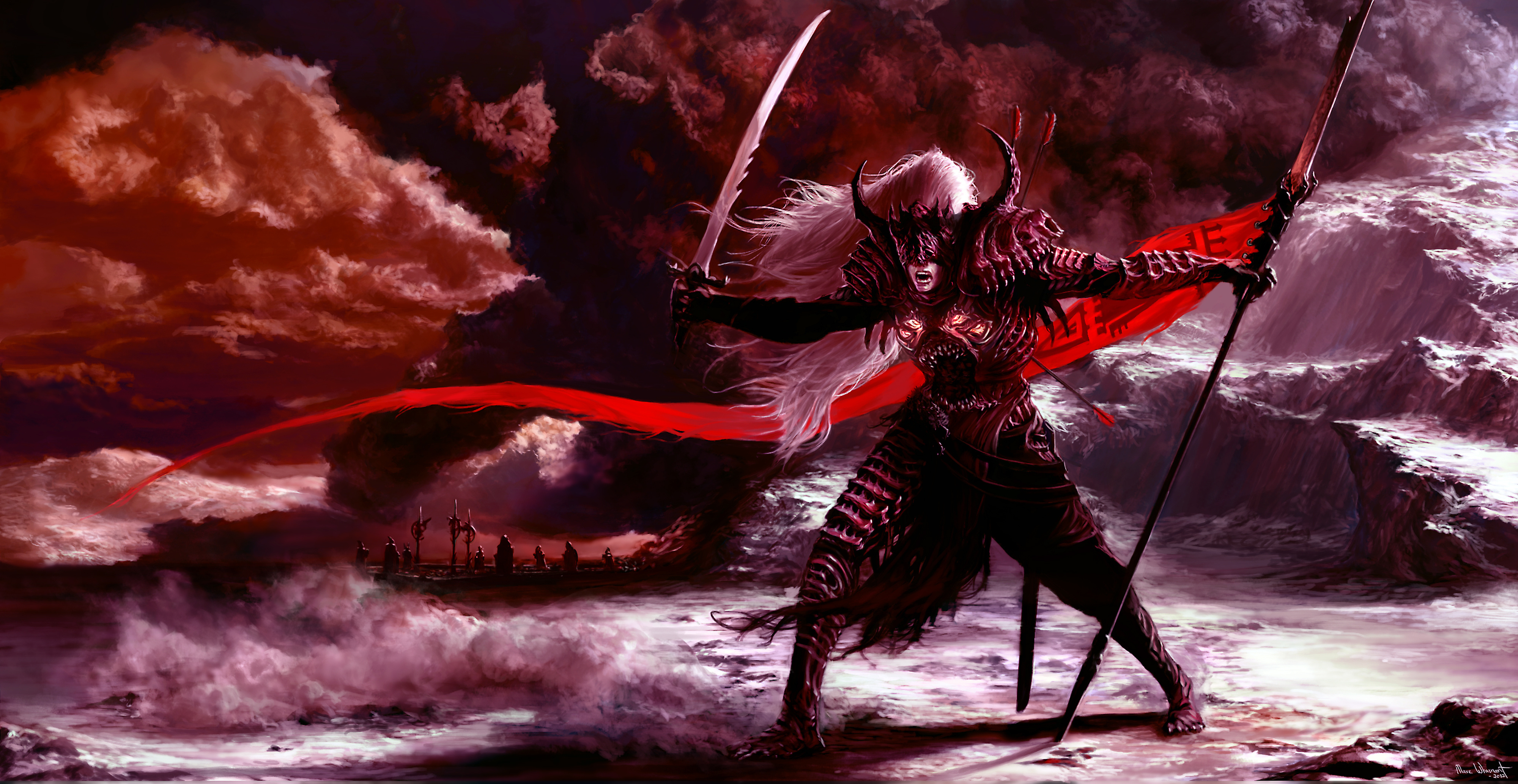Download mobile wallpaper Fantasy, Weapon, Dark, Warrior, Cloud, Samurai, Knight, Sword for free.