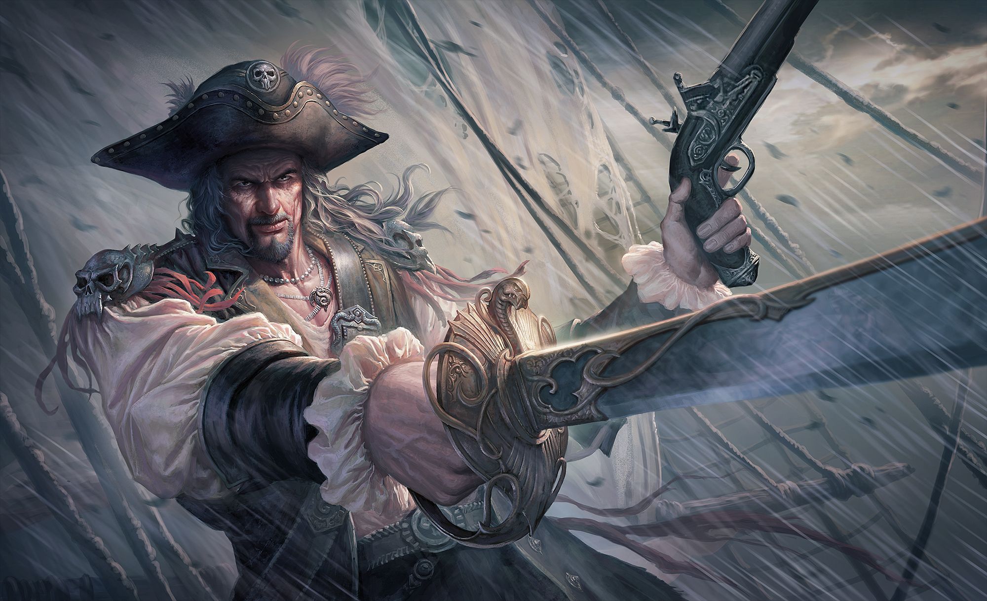 Download mobile wallpaper Fantasy, Rain, Warrior, Hat, Sword, Pirate, Gun for free.