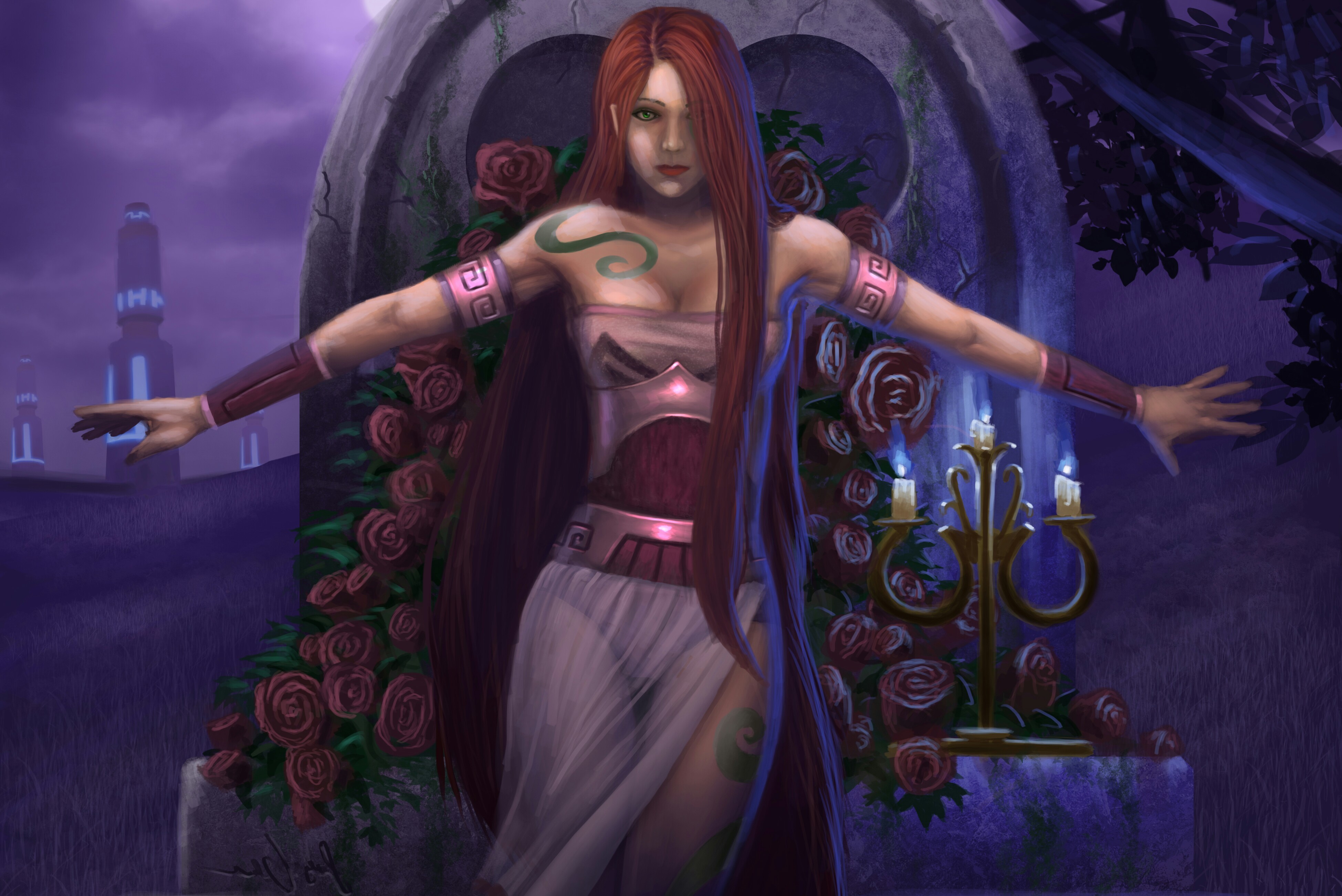 Free download wallpaper Fantasy, Gothic, Pink, Rose, Redhead, Candle, Women, Bracelet on your PC desktop