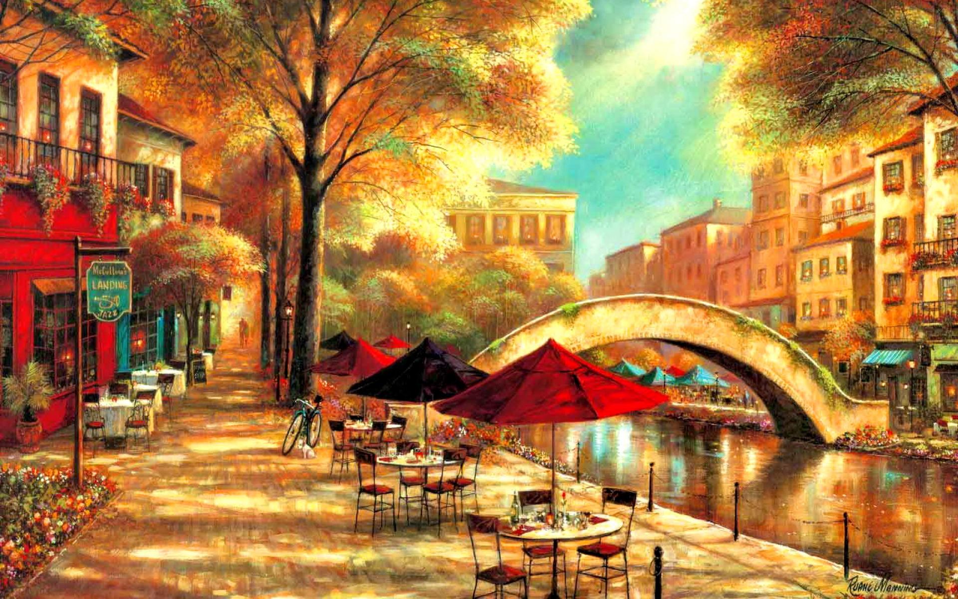 cafe, artistic, painting, bridge, colorful, river