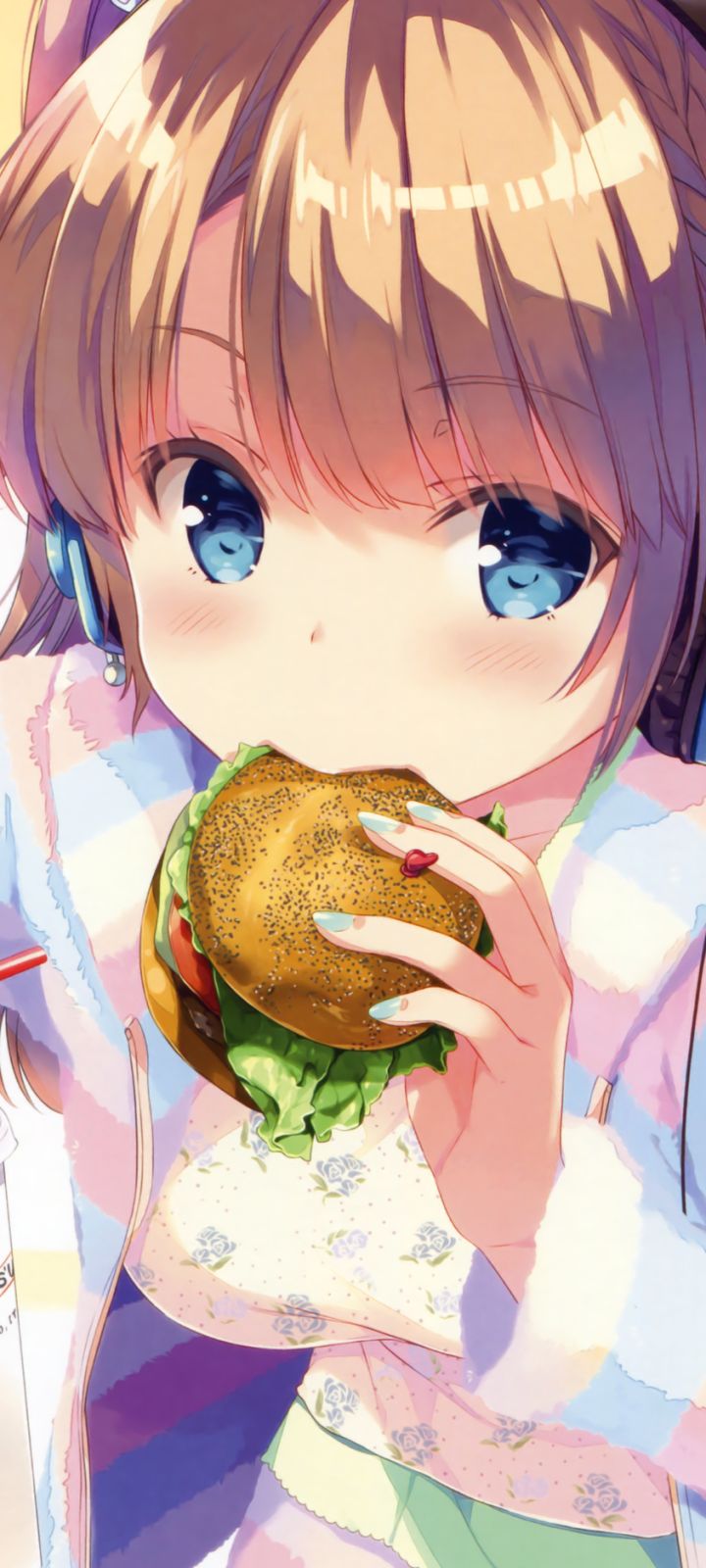 Handy-Wallpaper Hamburger, Blond, Essen, Burger, Blaue Augen, Original, Blondinen, Animes, Speisen, Kurzes Haar kostenlos herunterladen.