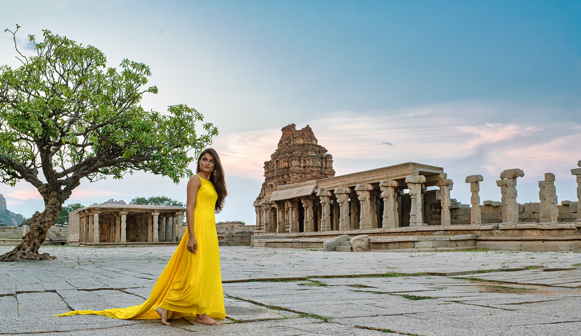 Download mobile wallpaper Brunette, Ruin, Model, Women, Indian, Yellow Dress for free.