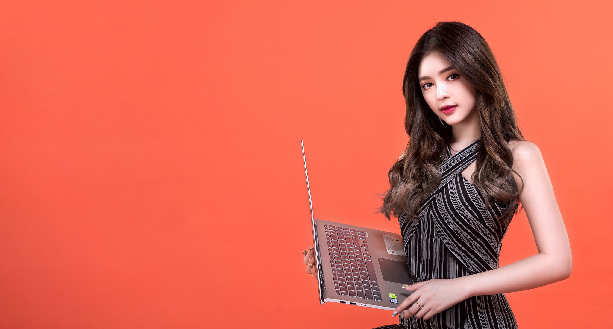 Download mobile wallpaper Laptop, Brunette, Model, Women, Asian, Long Hair for free.