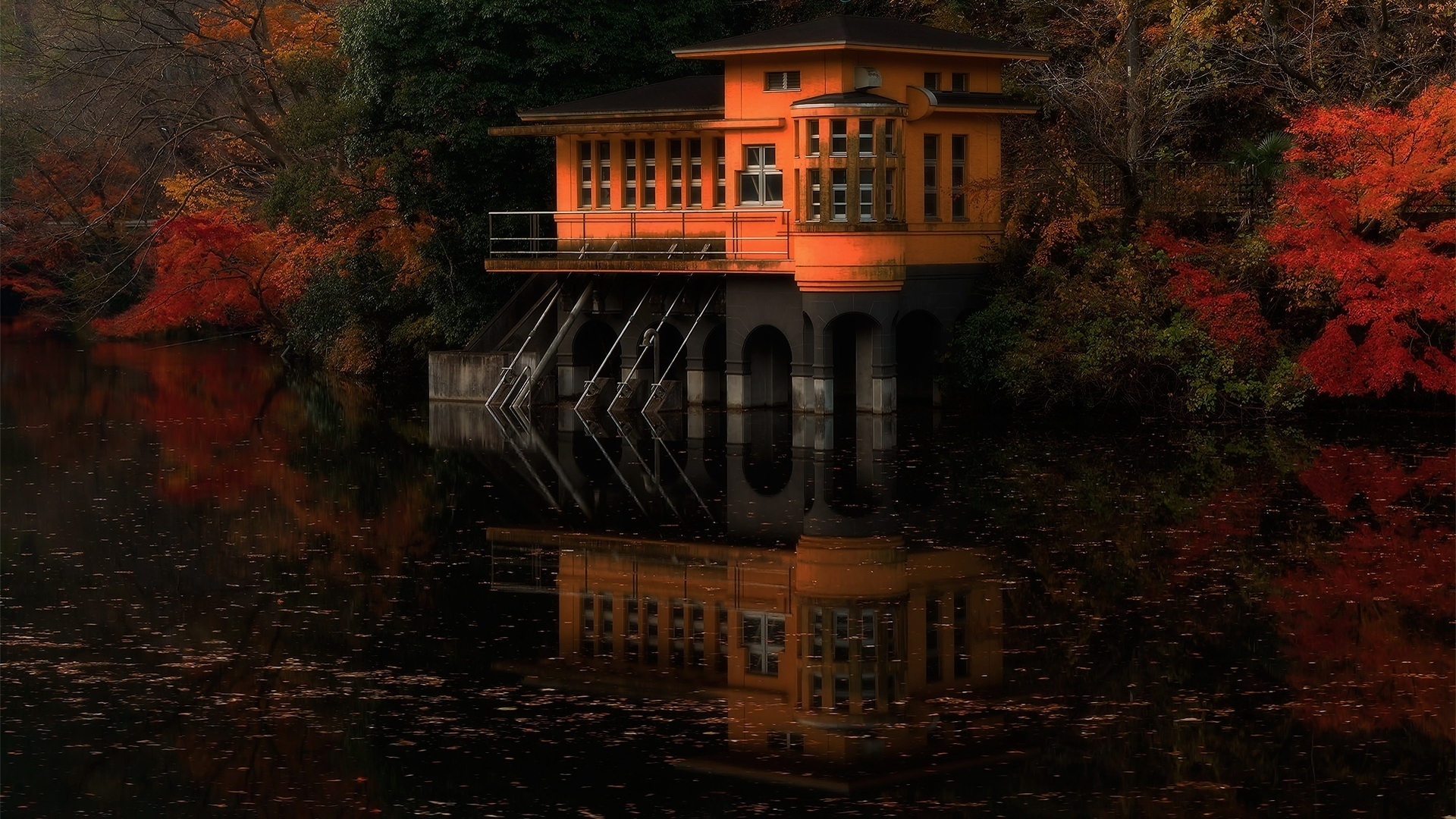 Download mobile wallpaper Reflection, Fall, House, Pond, Man Made for free.