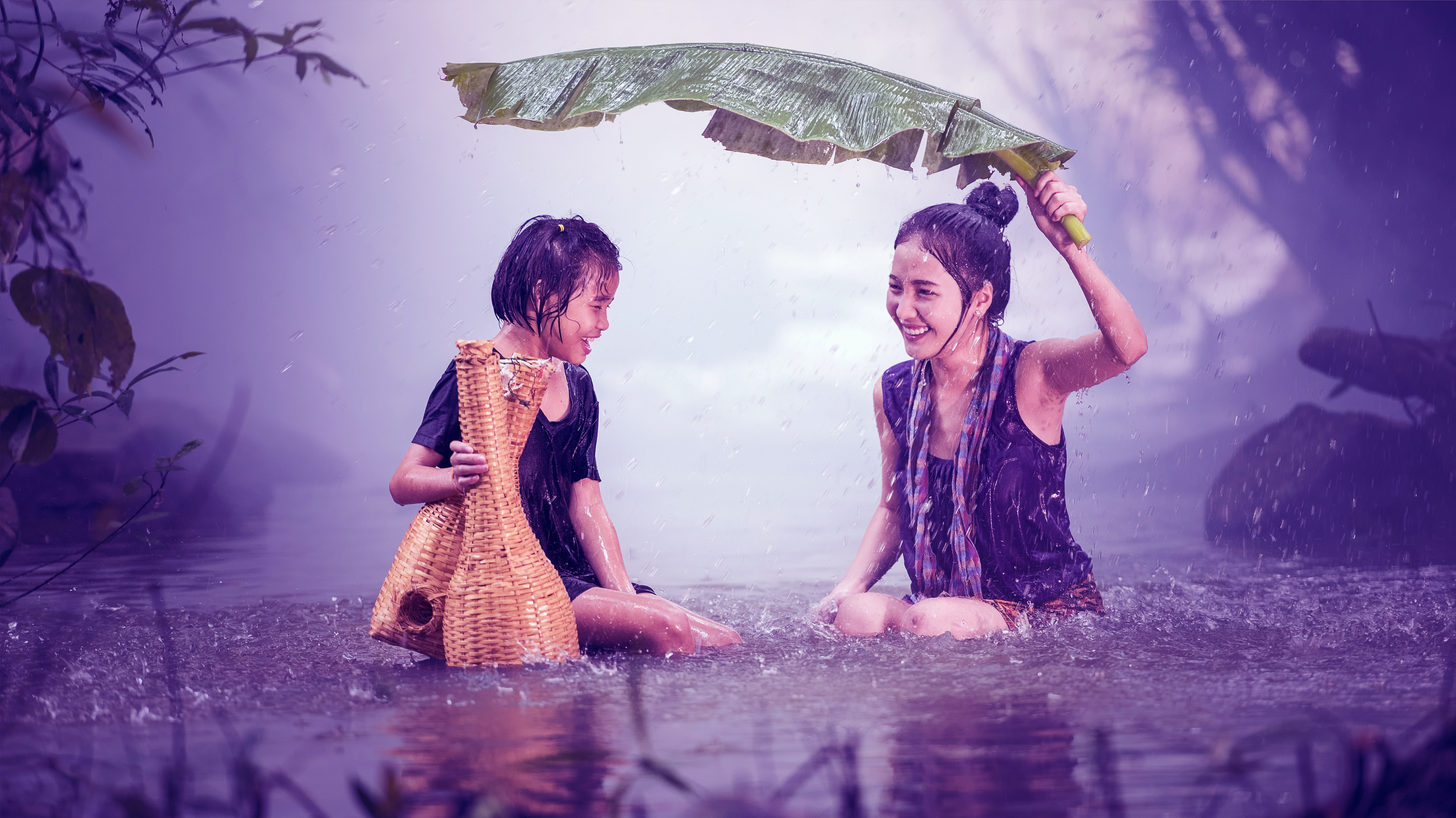 Скачать обои бесплатно Люди, Дождь, Ребёнок, Фотографии, Азиатки картинка на рабочий стол ПК